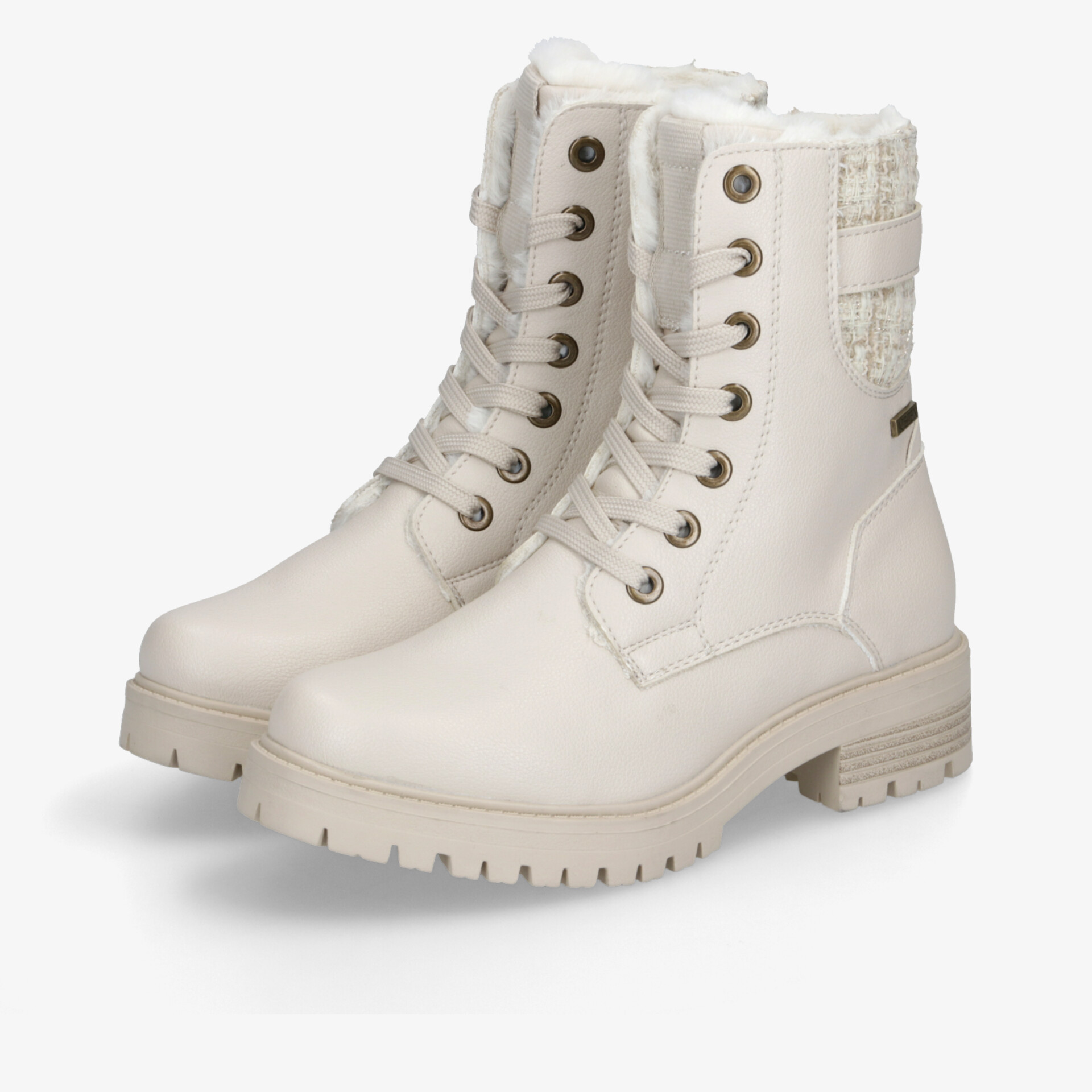 Weiße, robuste Winterstiefel mit Schnürung und bequemer Fütterung für kalte Tage.