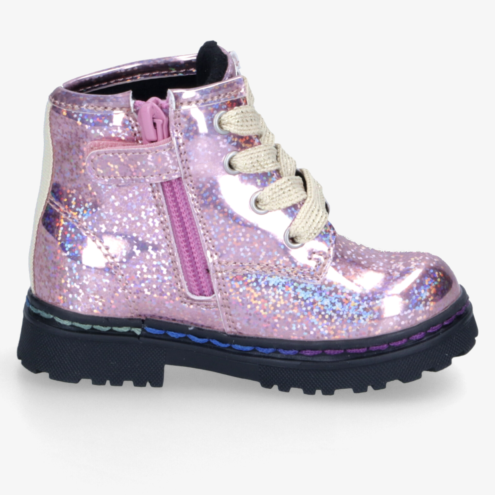 Glänzender funkelnder Schuh mit robustem Profilsohle und praktischem seitlichem Reißverschluss