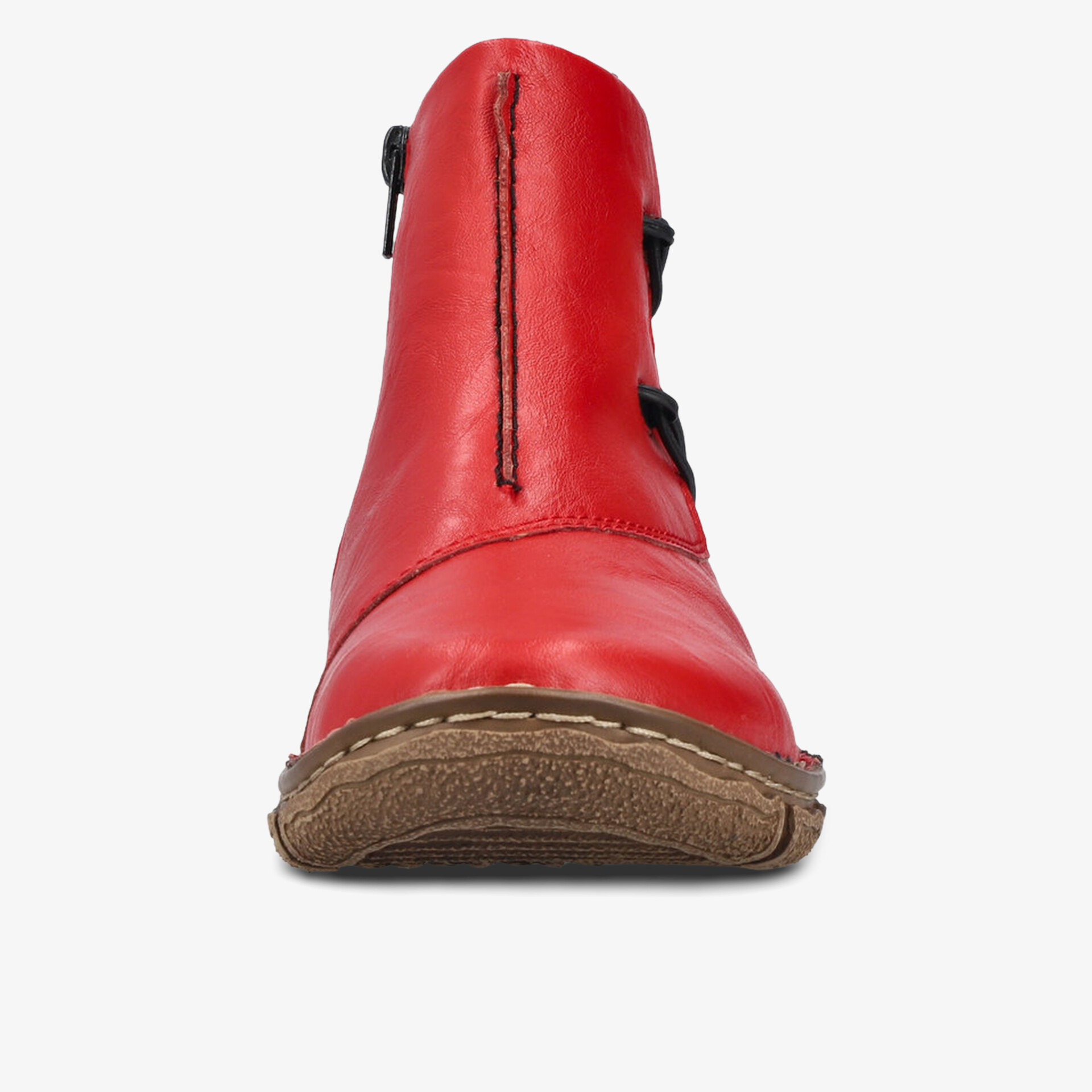 Roter Stiefel mit robustem Sohlenrand und glattem Obermaterial in stabiler Frontansicht