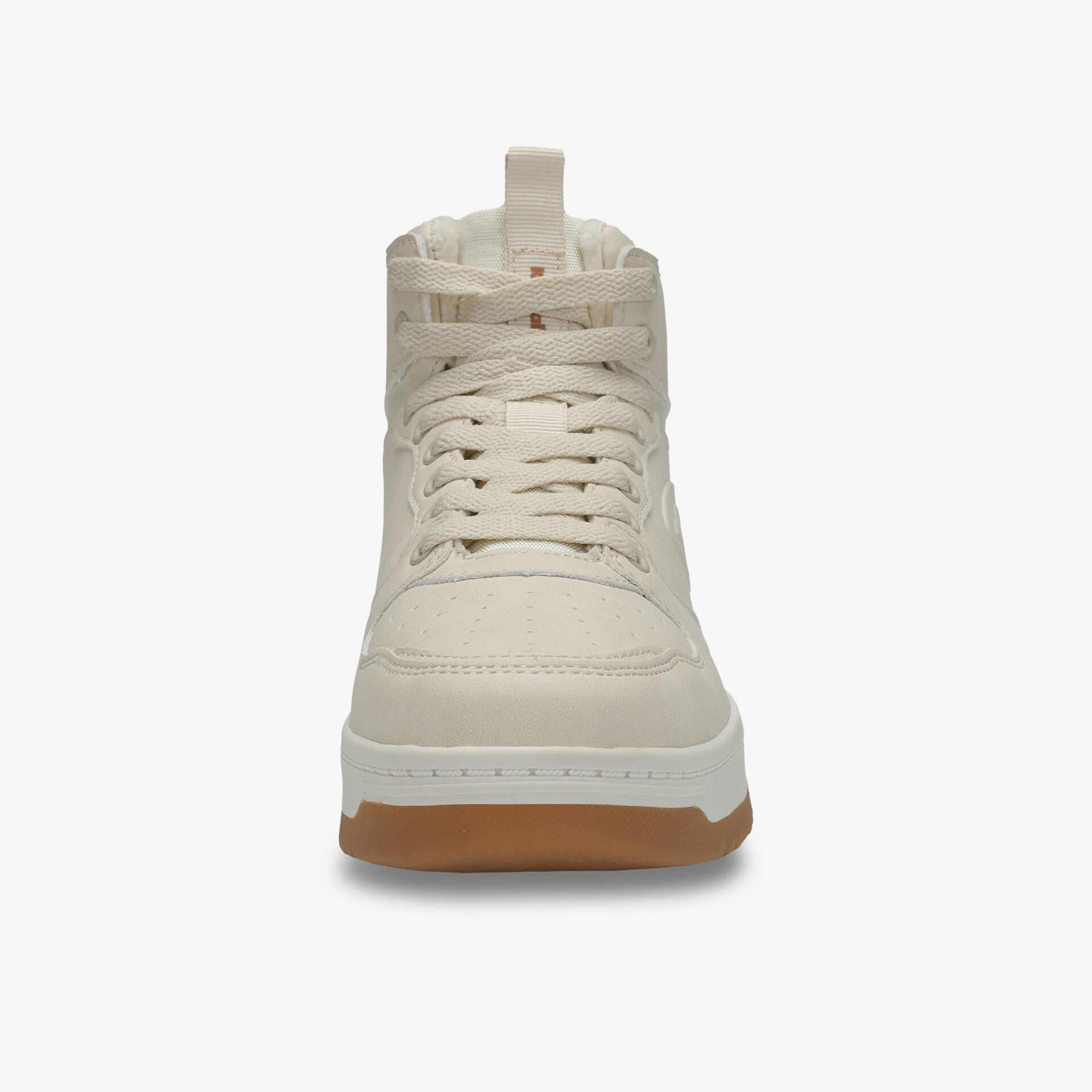 Beiger Schuh in Frontansicht mit stabilem Schaft und robuster rutschfester Sohle für ganztägigen Komfort