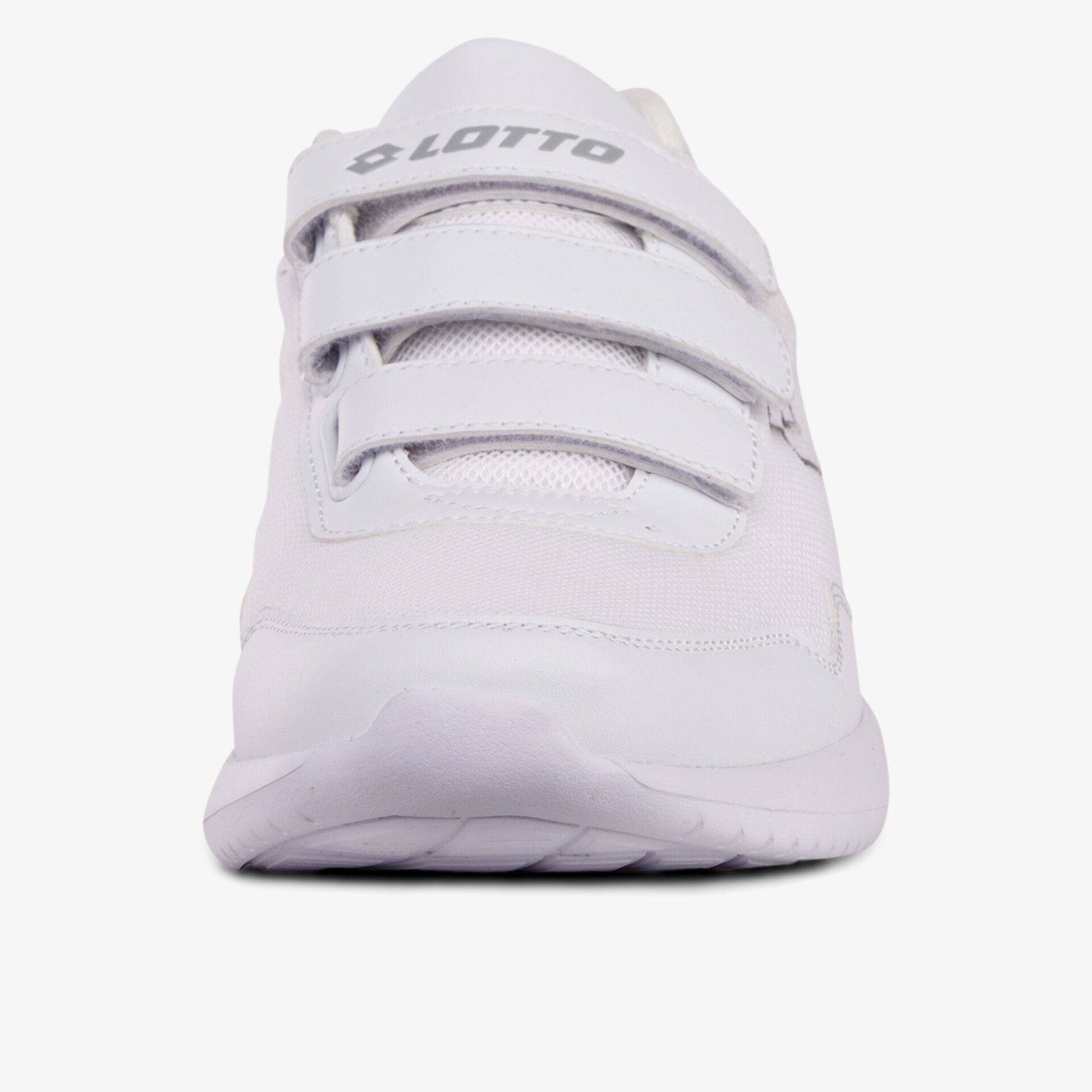 Weißer Sportschuh mit dreifacher Schnürung, vorne frontal, leicht und komfortabel