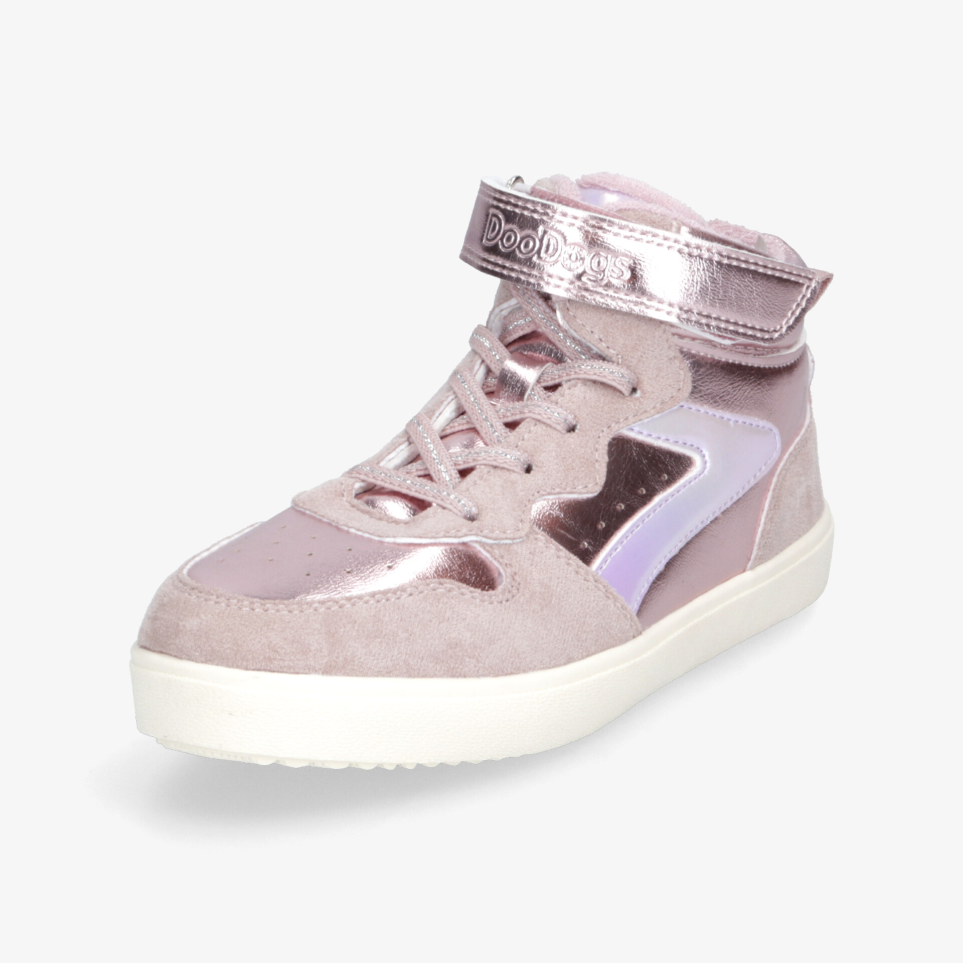 Sportlicher rosa High-Top Sneaker mit metallic Details, Klettverschluss und komfortabler Schnürung