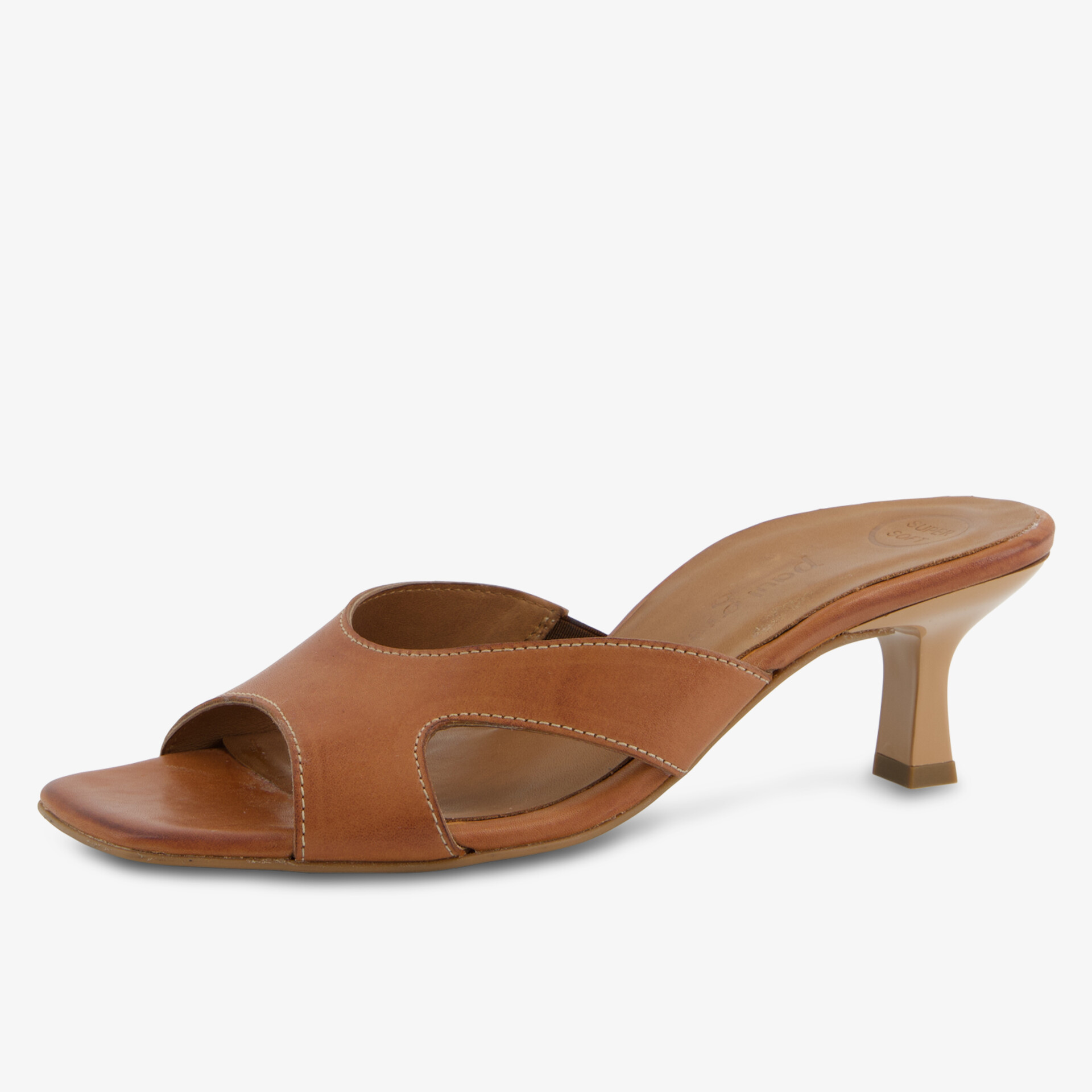 Elegante braune Ledersandale mit hohem Absatz und offenem Zehenbereich.