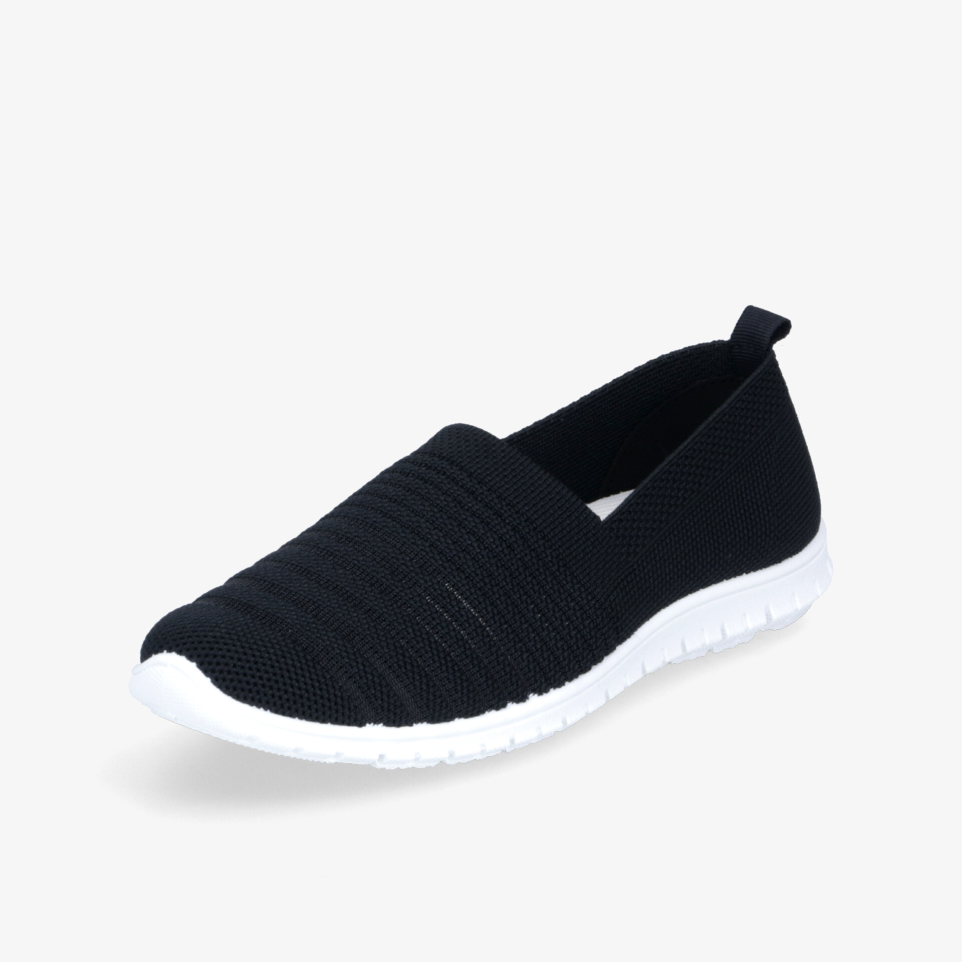 Schwarzer Slip-On Schuh mit weißer flexibler, rutschfester Sohle für leichten und bequemen Tragekomfort