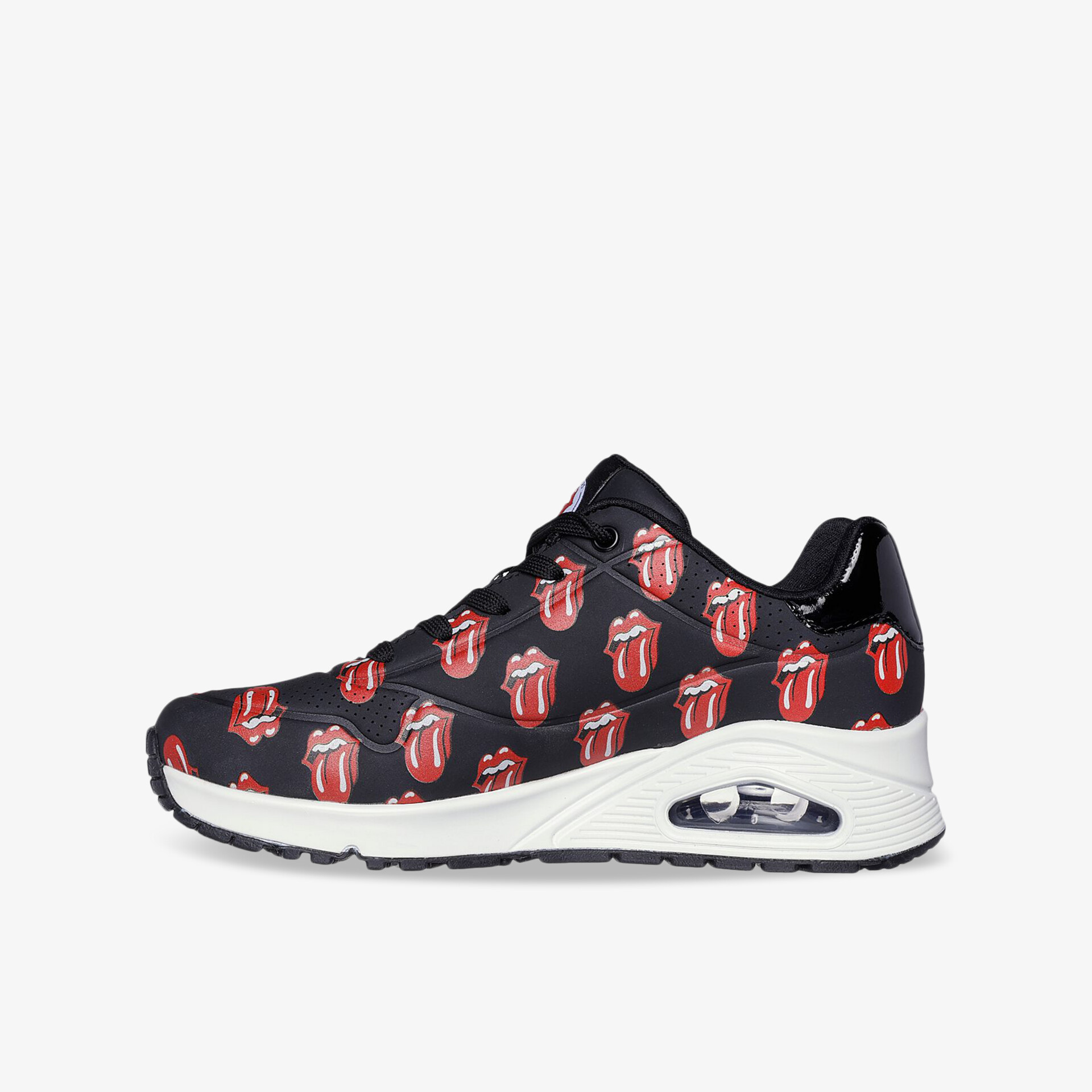 Schwarzer Sneaker mit auffälligem Rolling Stones Zungen-Logo Print, seitliche Ansicht, bequeme Sohle, stylisch und modern