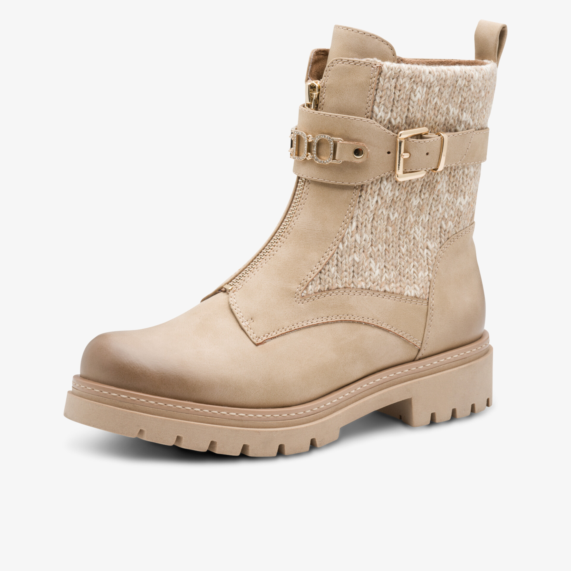 Robuster beiger Stiefel mit verstellbarem Riemen und profilierter Laufsohle für hohen Tragekomfort
