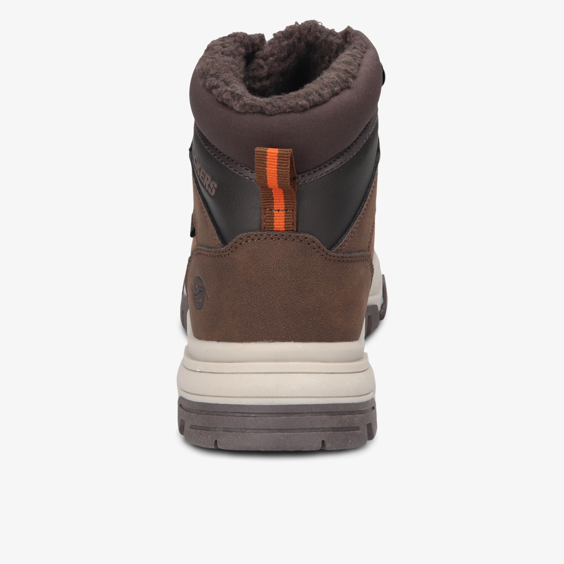 Robuster brauner Winterschuh mit hoher, warmer Fütterung und stabiler rutschfester Sohle, Rückansicht