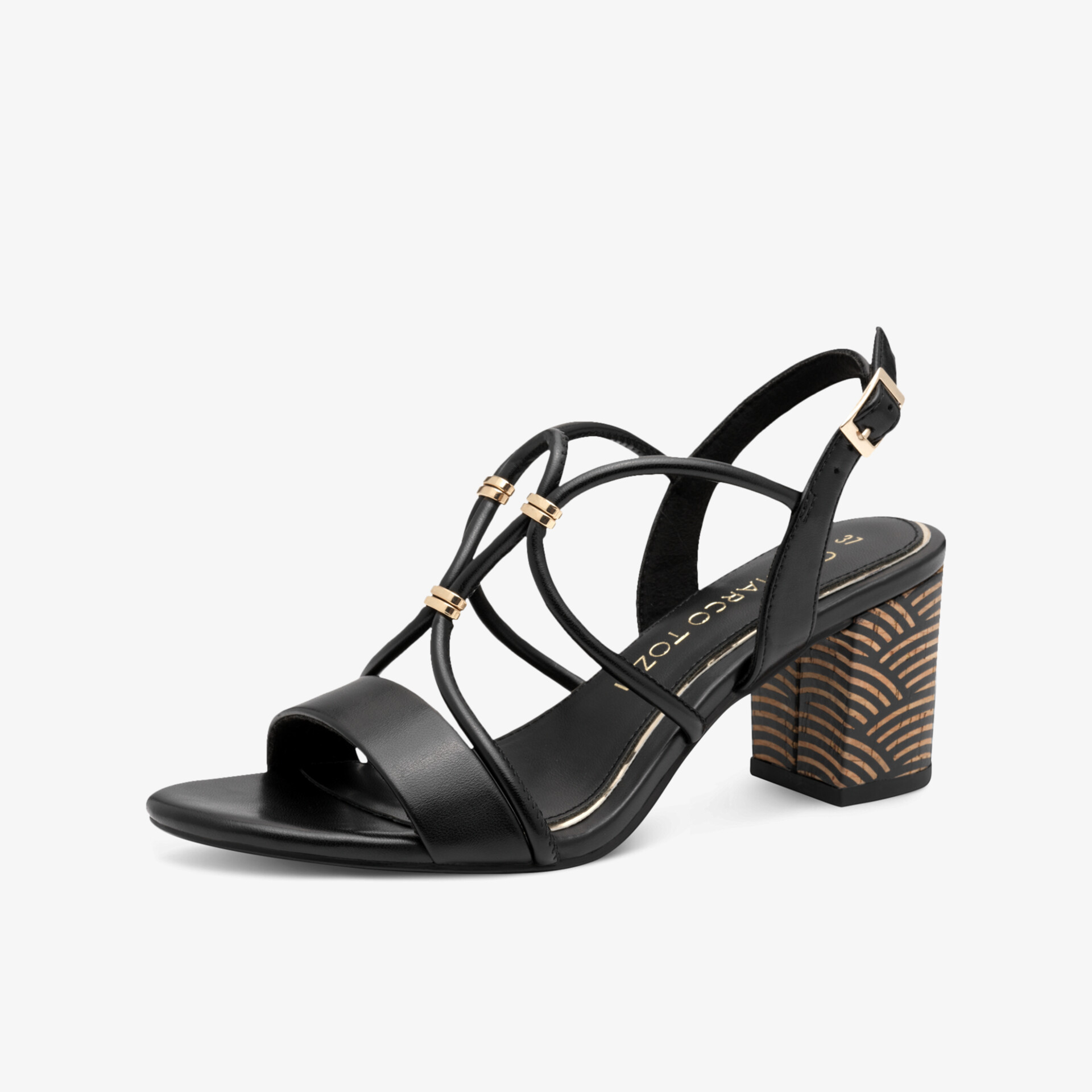 Eleganter schwarzer Sandalenschuh mit mittelhohem Absatz und verstellbarem Riemen für optimalen Halt