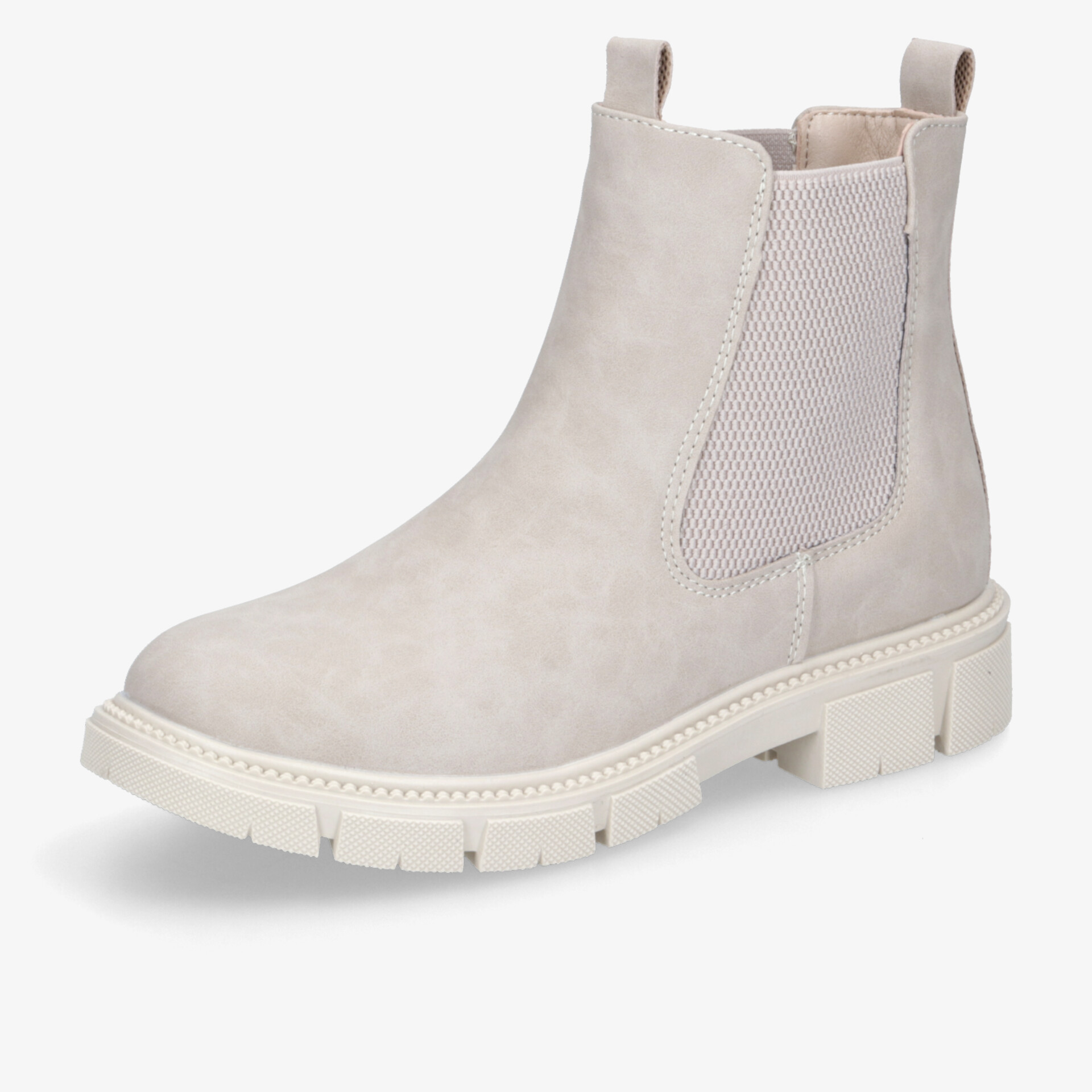 Bequemer beige Chelsea Boot mit elastischen Seitenteilen und robuster rutschfester Sohle in moderner 3/4-Ansicht