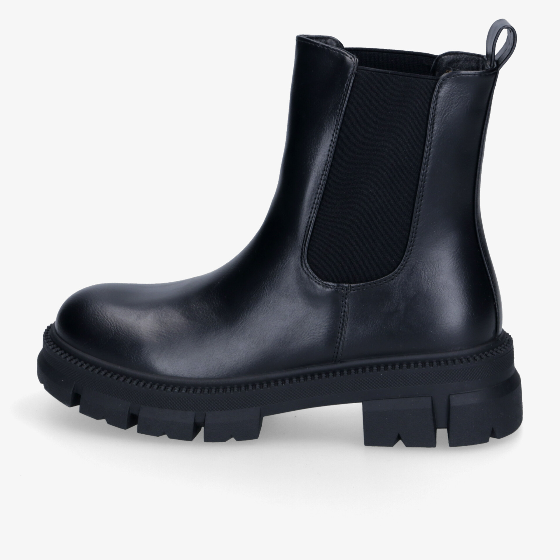 Schwarzer robuster Stiefel aus glattem Leder mit elastischen Einsätzen und profilierter Sohle seitlich