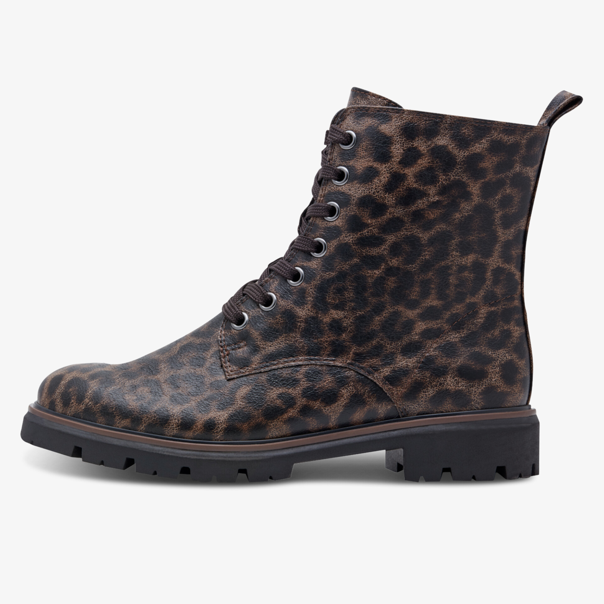 Seitliche Ansicht eines stilvollen Leder-Schnürstiefels mit Leopardmuster und robuster Profilsohle