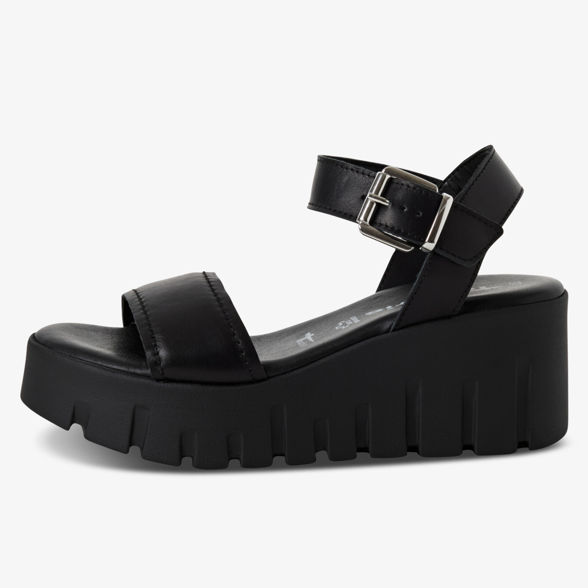 Schwarze Plateau-Sandale mit dicker Profilsohle und verstellbarem Knöchelriemen für hohen Tragekomfort