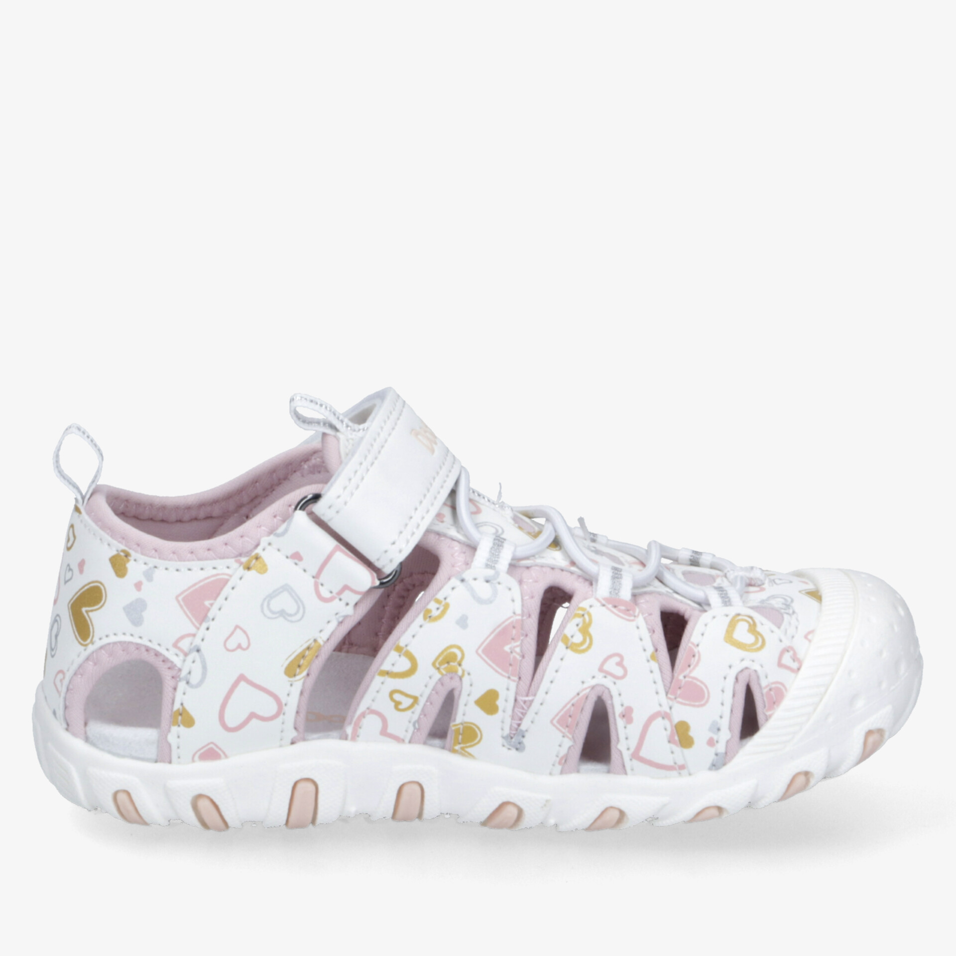 Leichter geschlossener Kinderschuh mit buntem Herzmuster und flexiblem Verschluss für sicheren Halt