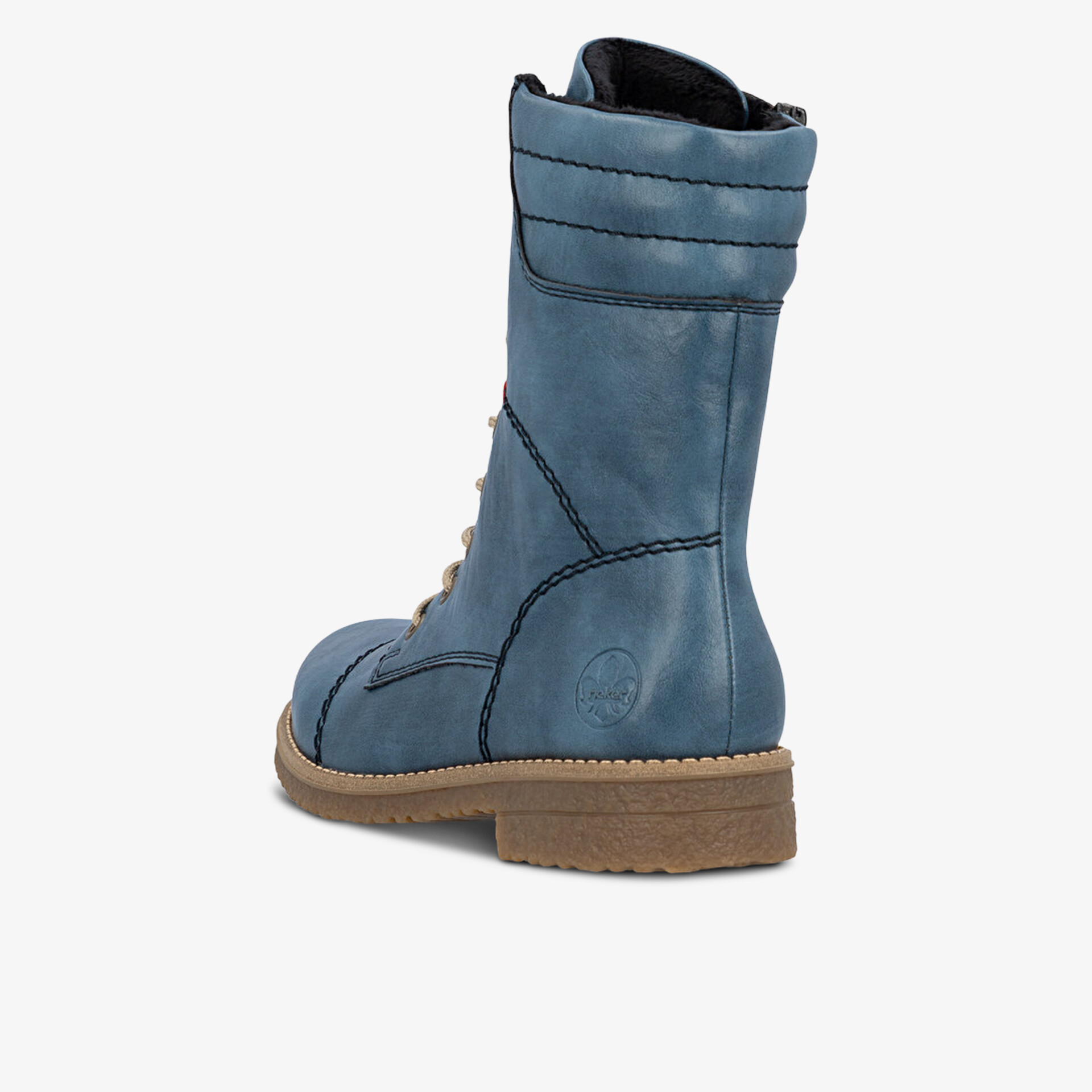 Robuster blauer Schnürstiefel mit profilierter Sohle in klarer Rückansicht