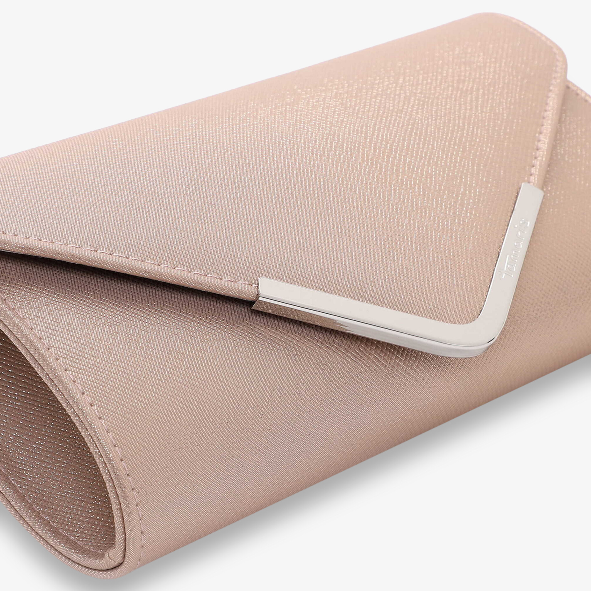 Elegante beigefarbene Clutch mit modernem Verschluss, ideal für stilvolle Anlässe