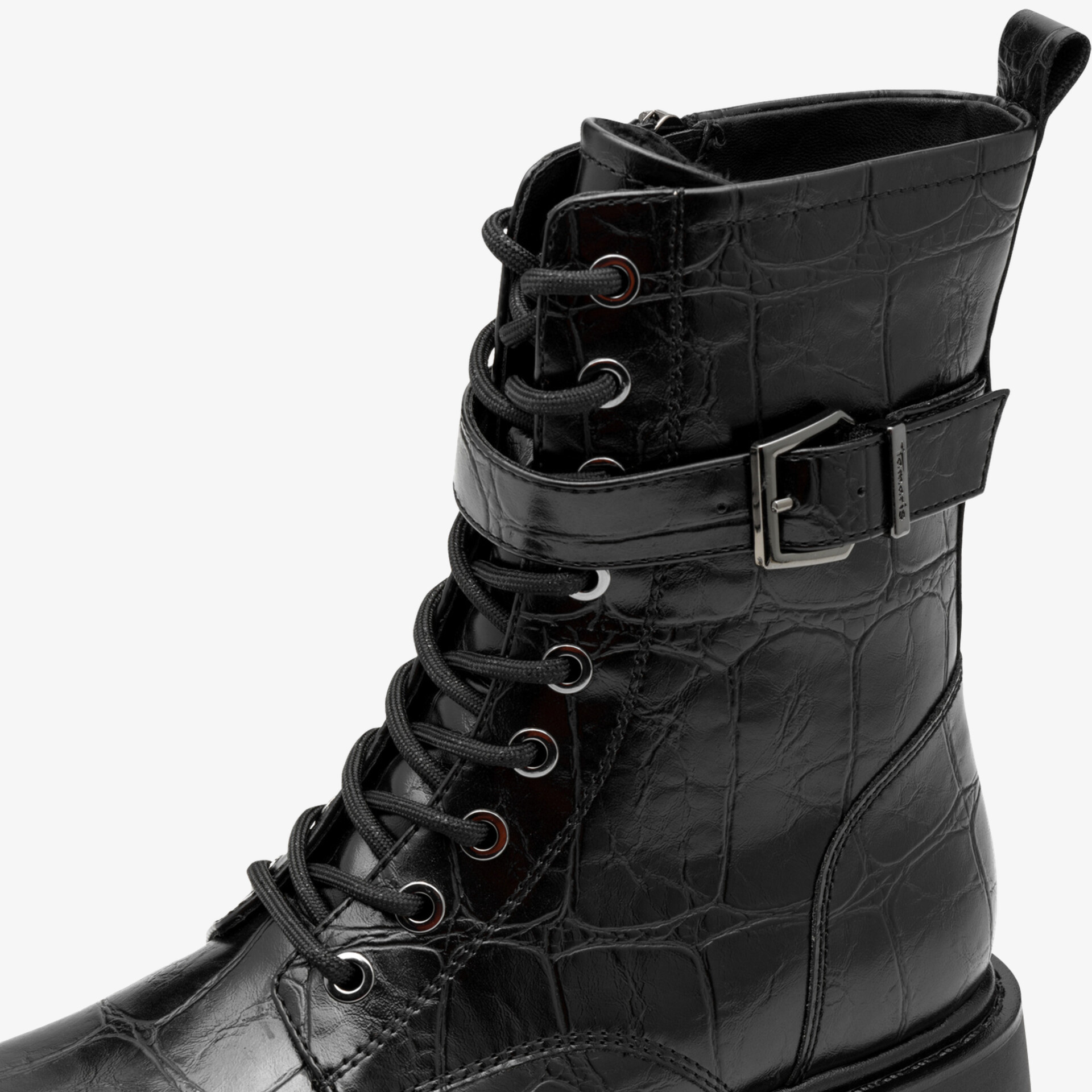 Robuster Schnürstiefel mit hohem Schaft und Schnallenverschluss aus strukturiertem schwarzem Material