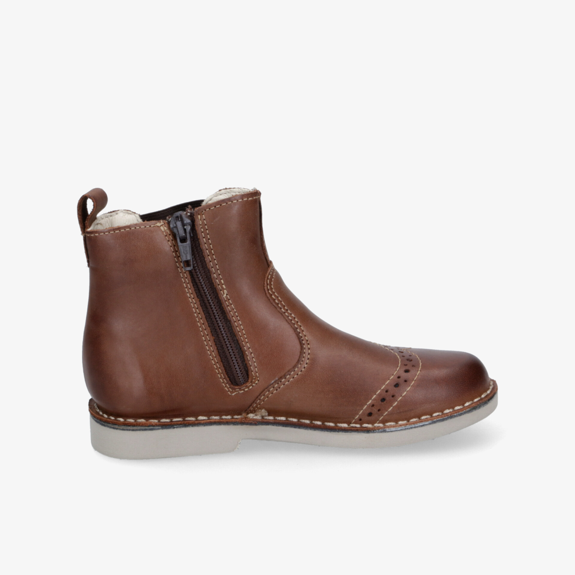 Braune Lederstiefelette mit bequemem Reißverschluss, robuster Sohle und warmer Innenausstattung seitliche Ansicht