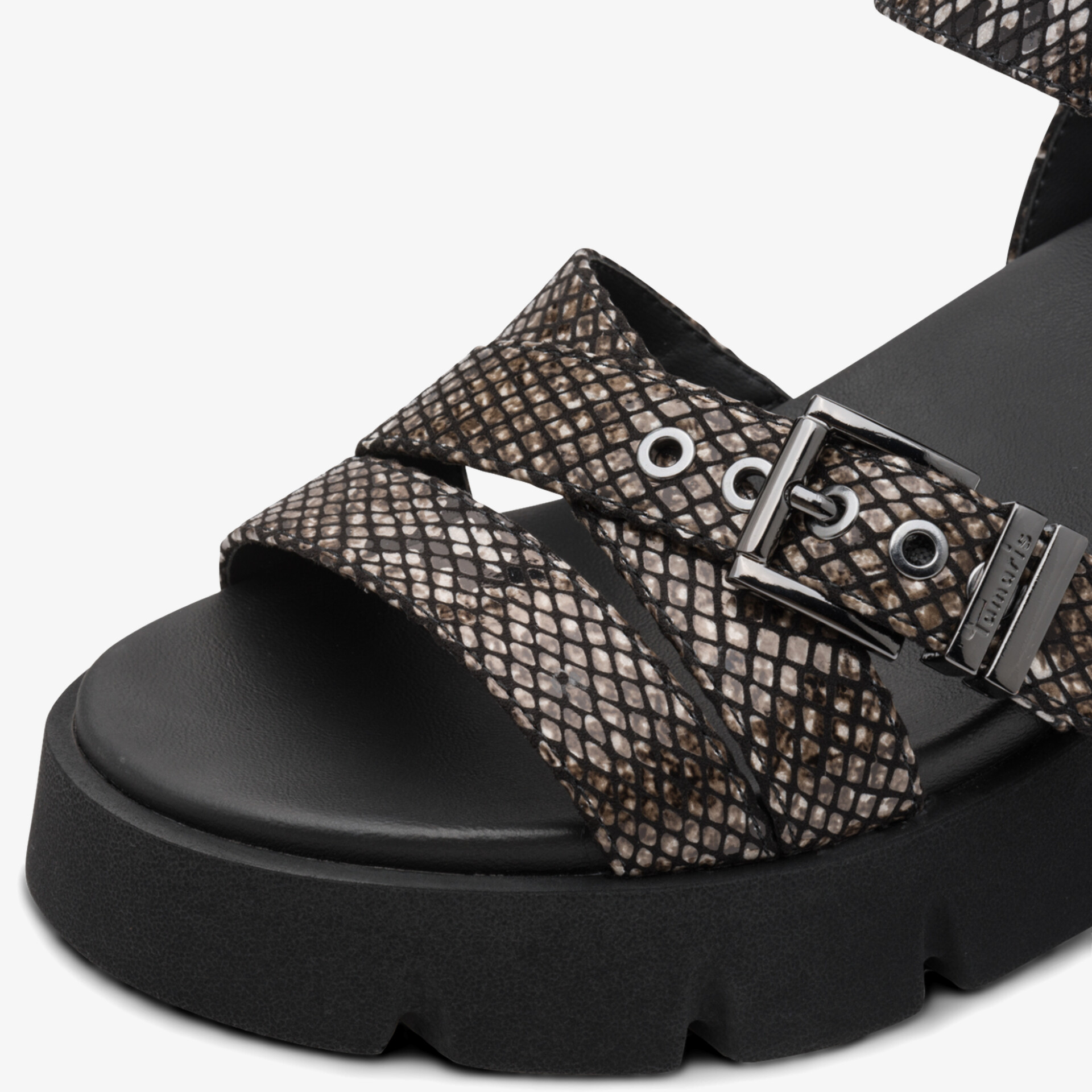 Schwarze Sandale mit Riemen und Schnalle, modernes strukturiertes Muster, robuste und bequeme Sohle