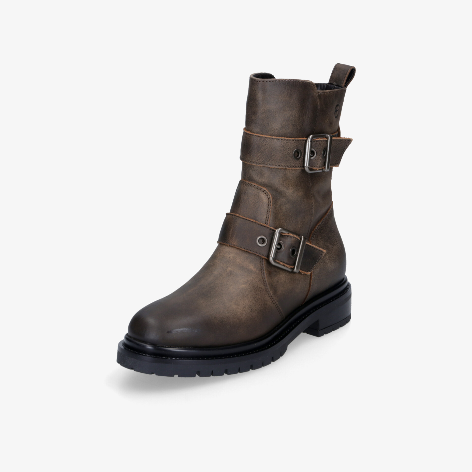 Brauner Lederstiefel mit verstellbaren Schnallen und robuster Sohle für komfortablen und sicheren Halt