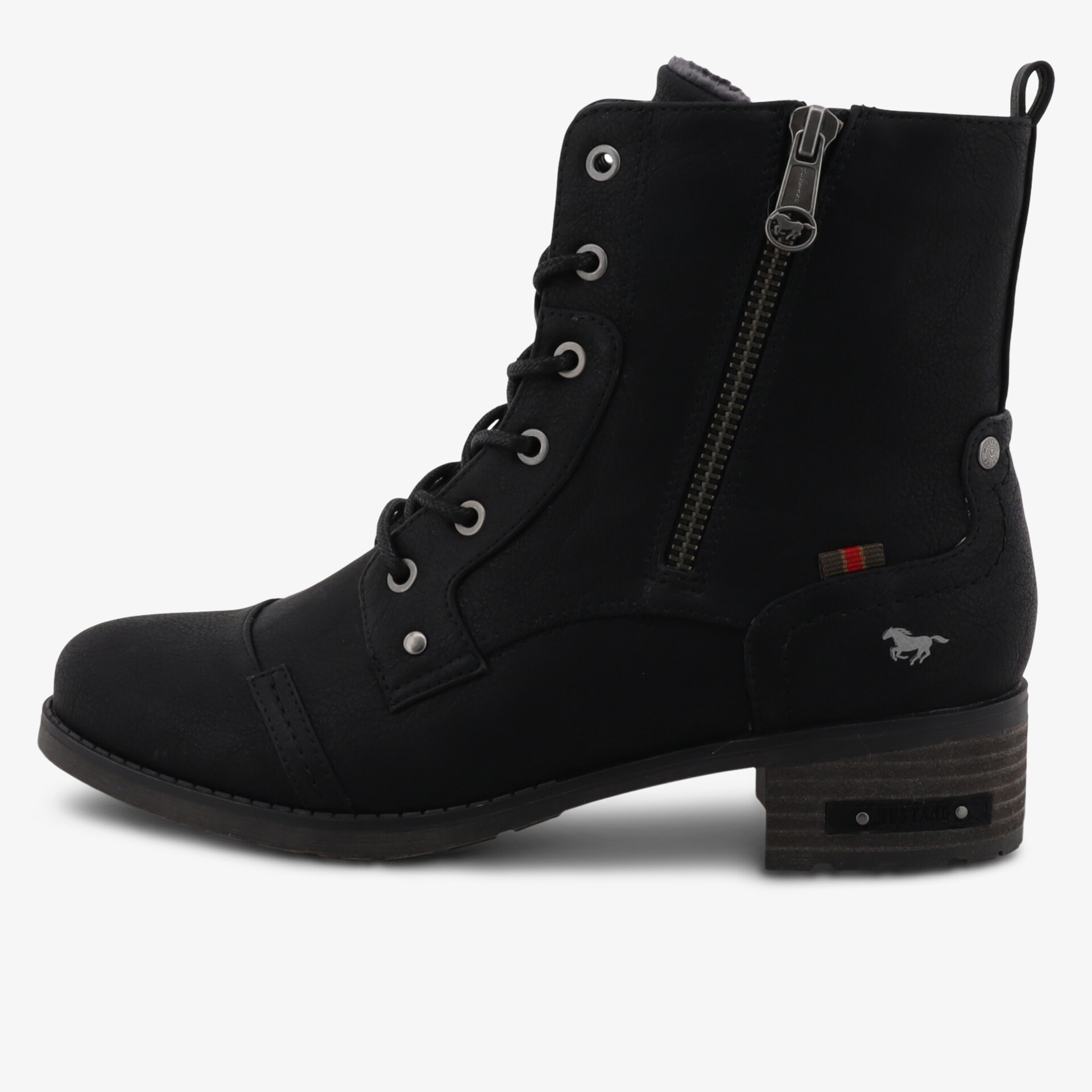 Schwarzer robuster Schnürstiefel mit seitlichem Reißverschluss, komfortabel und modisch