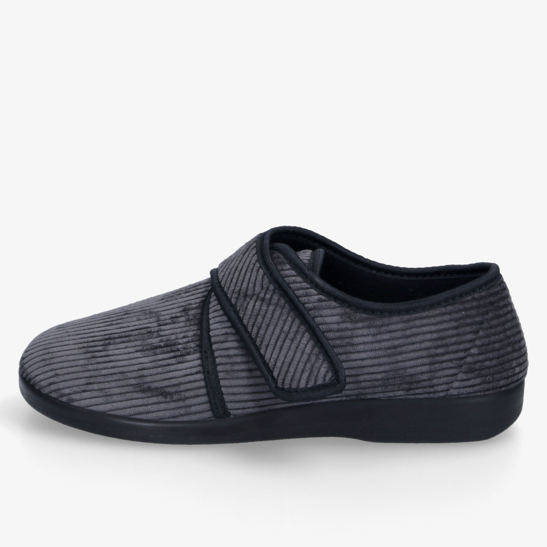 Bequemer grauer Hausschuh mit weichem Veloursmaterial und praktischem Klettverschluss für einfachen Halt