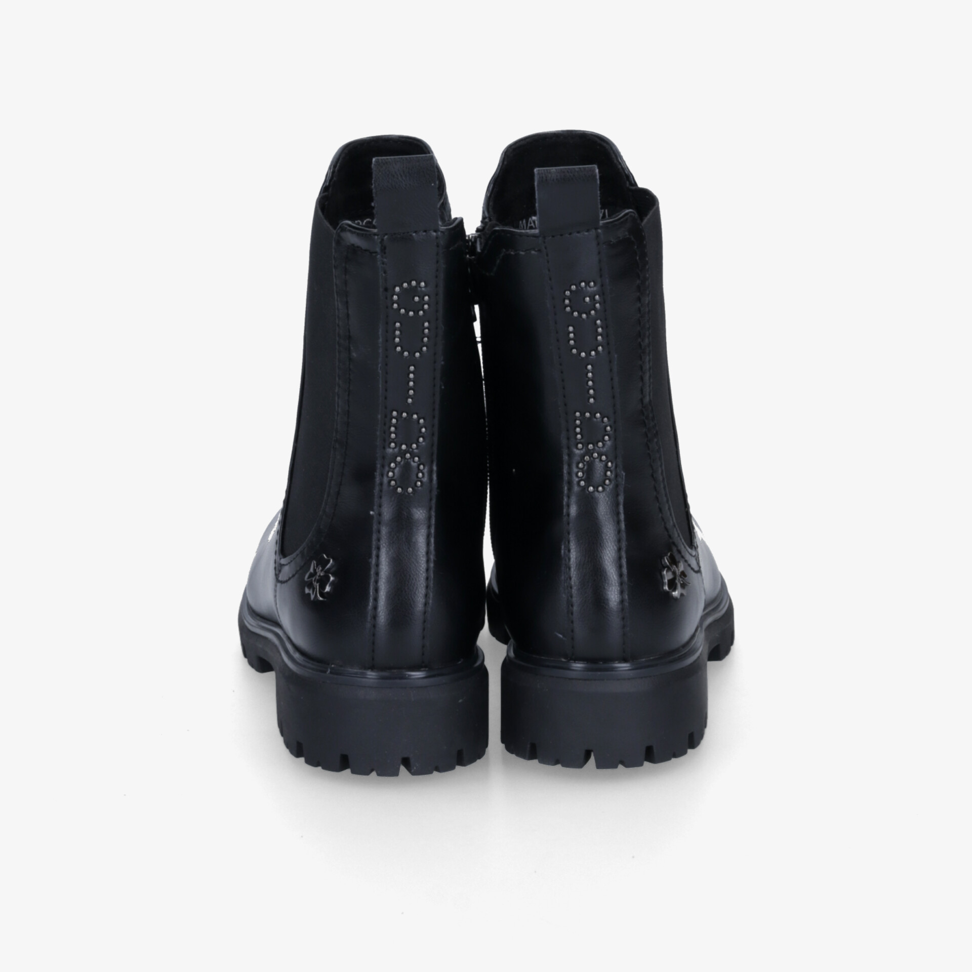 Schwarze robuste Stiefel mit elastischen Einsätzen und rutschfester Sohle, Rückansicht