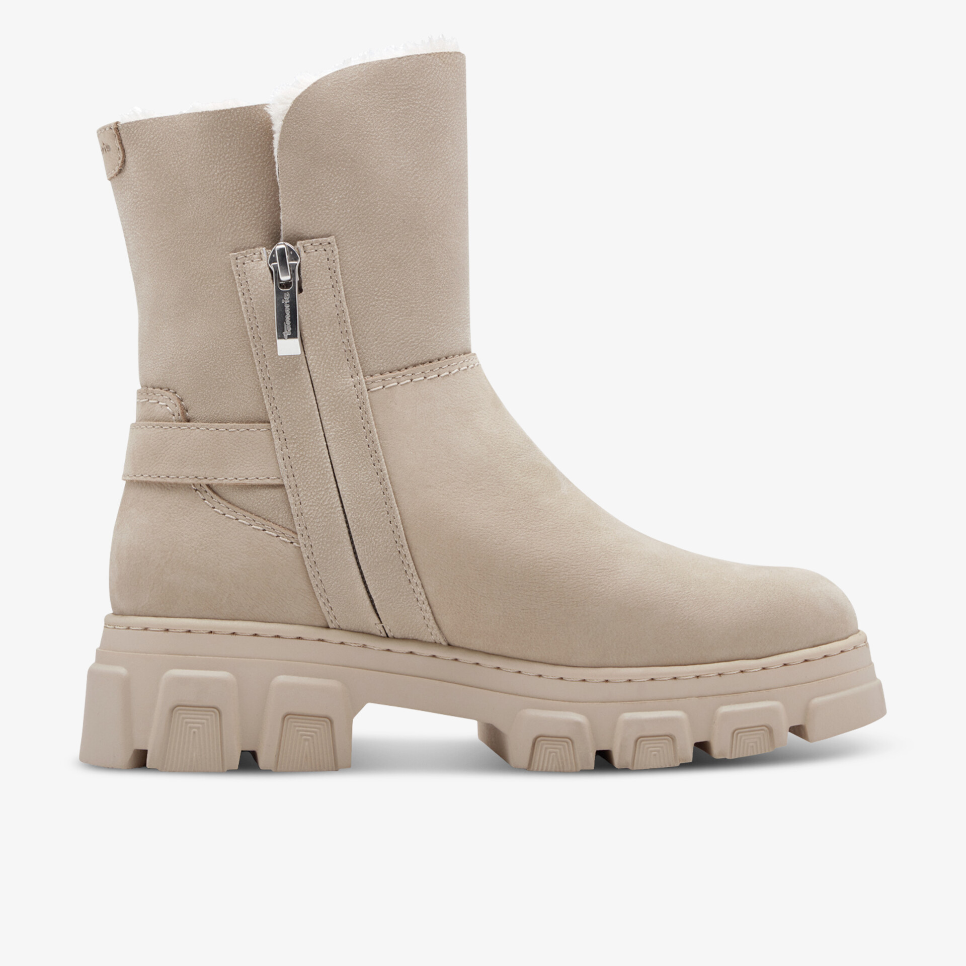 Beiger robuster Stiefel mit seitlichem Reißverschluss und profilierter Sohle in klarer Seitenansicht