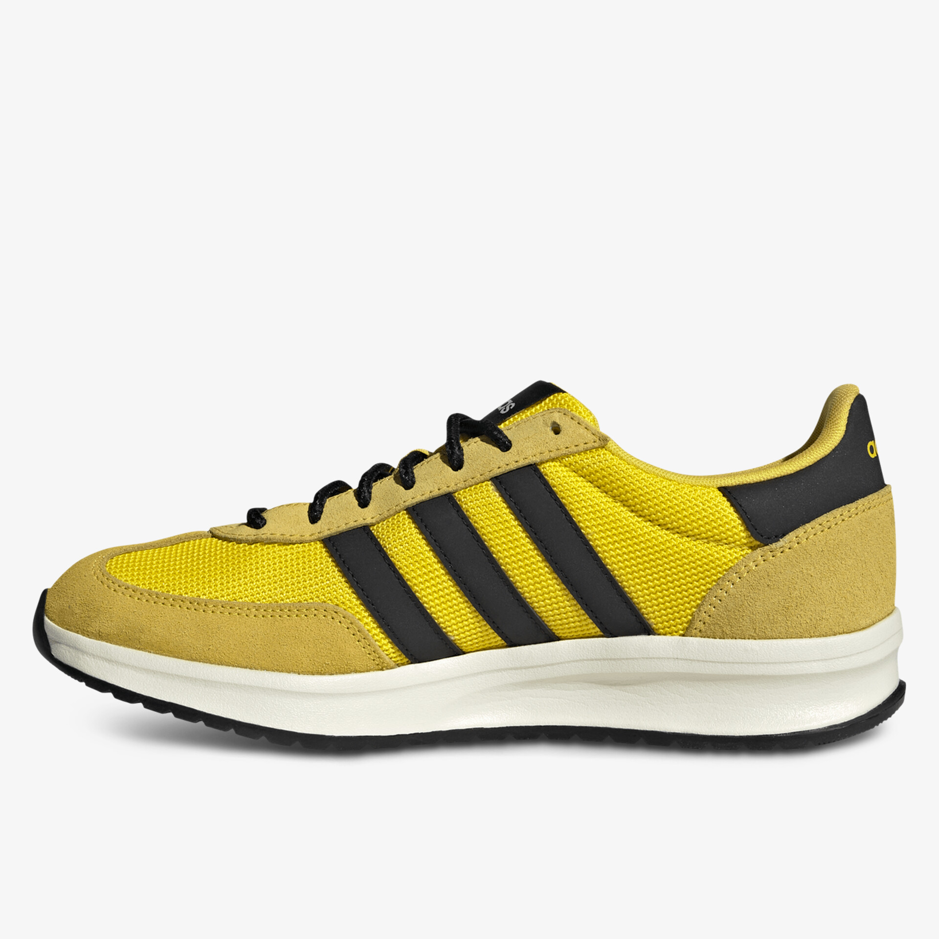 Moderner leichter Sneaker in Gelb mit schwarzem Streifendetail und komfortabler Sohle, seitliche Ansicht