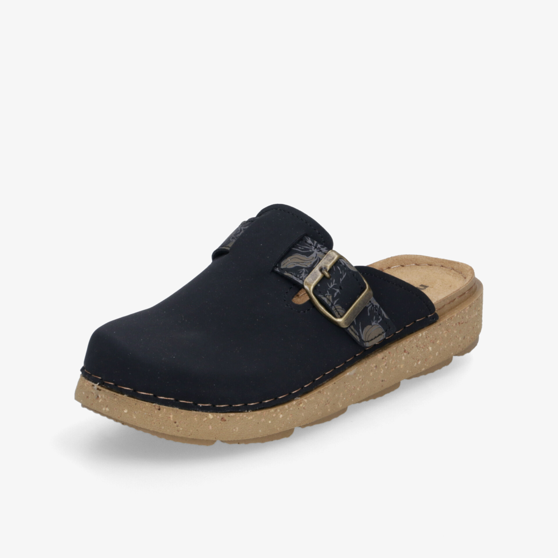 Schwarzer bequemer Slipper mit praktischer Schnalle und gepolsterter rutschfester Sohle für ganztägigen Komfort