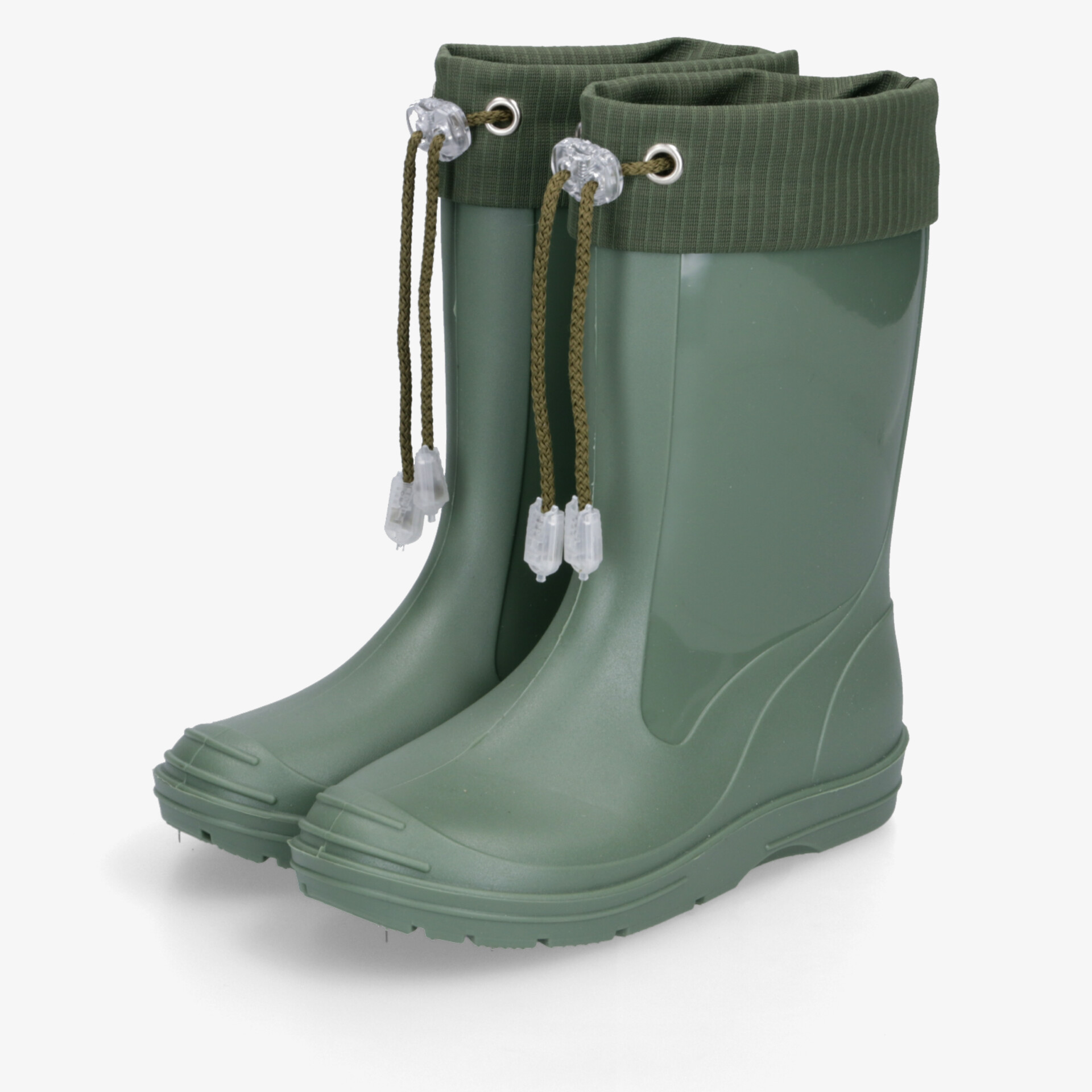 Grünes Paar Gummistiefel mit warmem Bündchen und verstellbarem Kordelverschluss, robust und wasserdicht