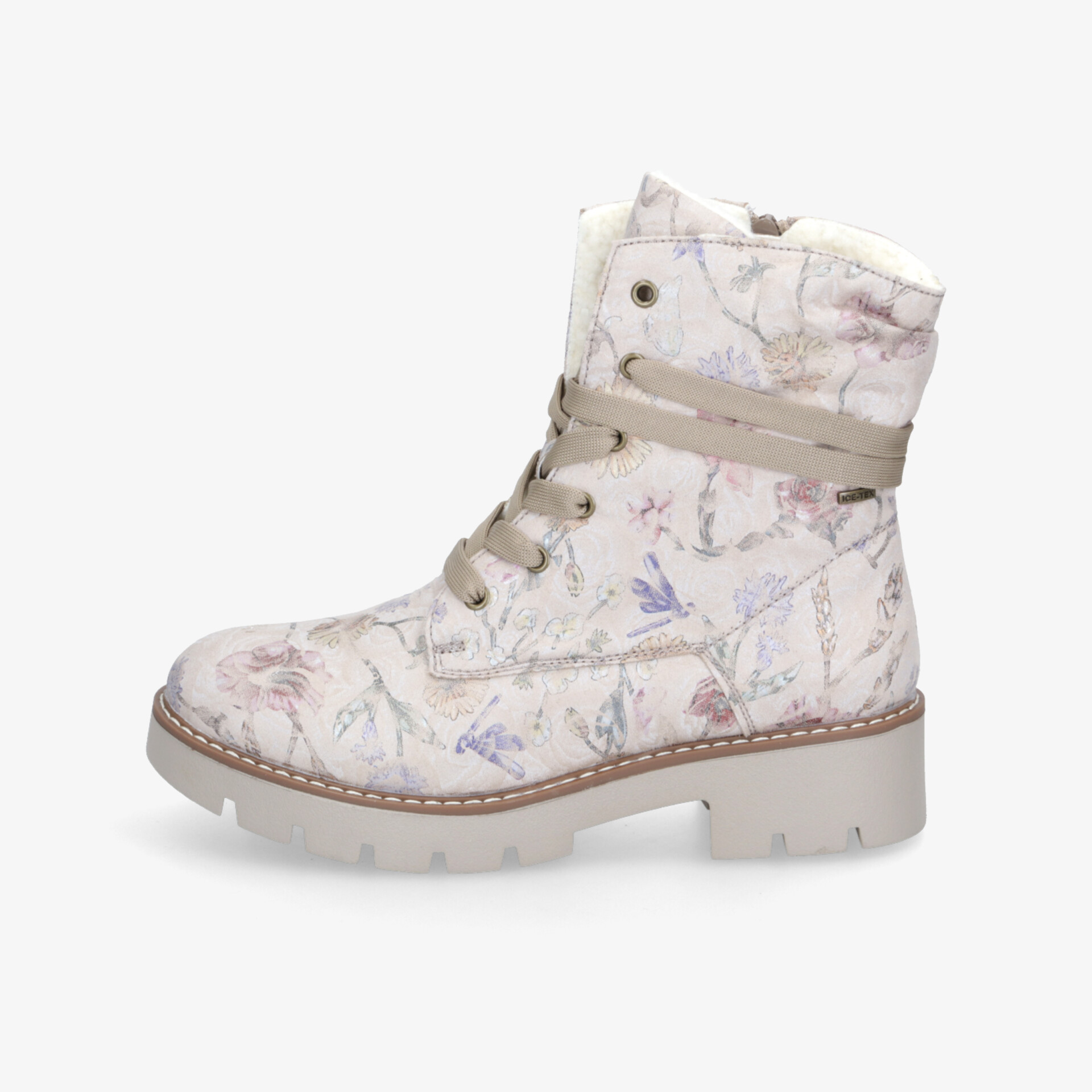 Seitliche Ansicht eines bequemen und strapazierfähigen Stiefels mit zartem Blumenmuster und robuster Sohle