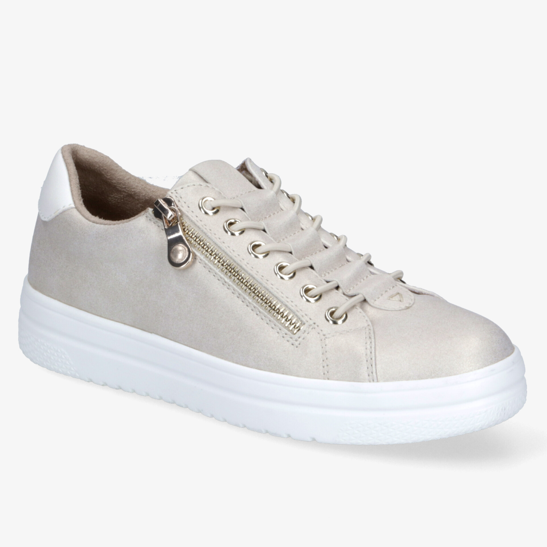 Moderner Sneaker in Beige mit Reißverschluss und weißer Sohle, ideal für täglichen Komfort und Stil.