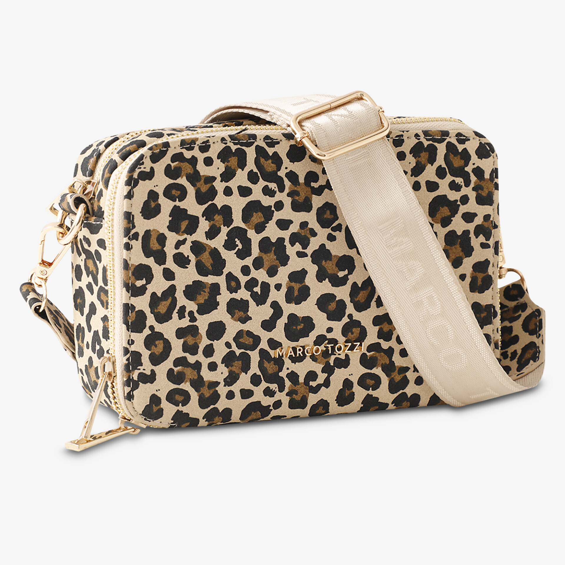 Kompakte Umhängetasche mit verstellbarem Riemen und modischem Leopardenmuster, goldene Details