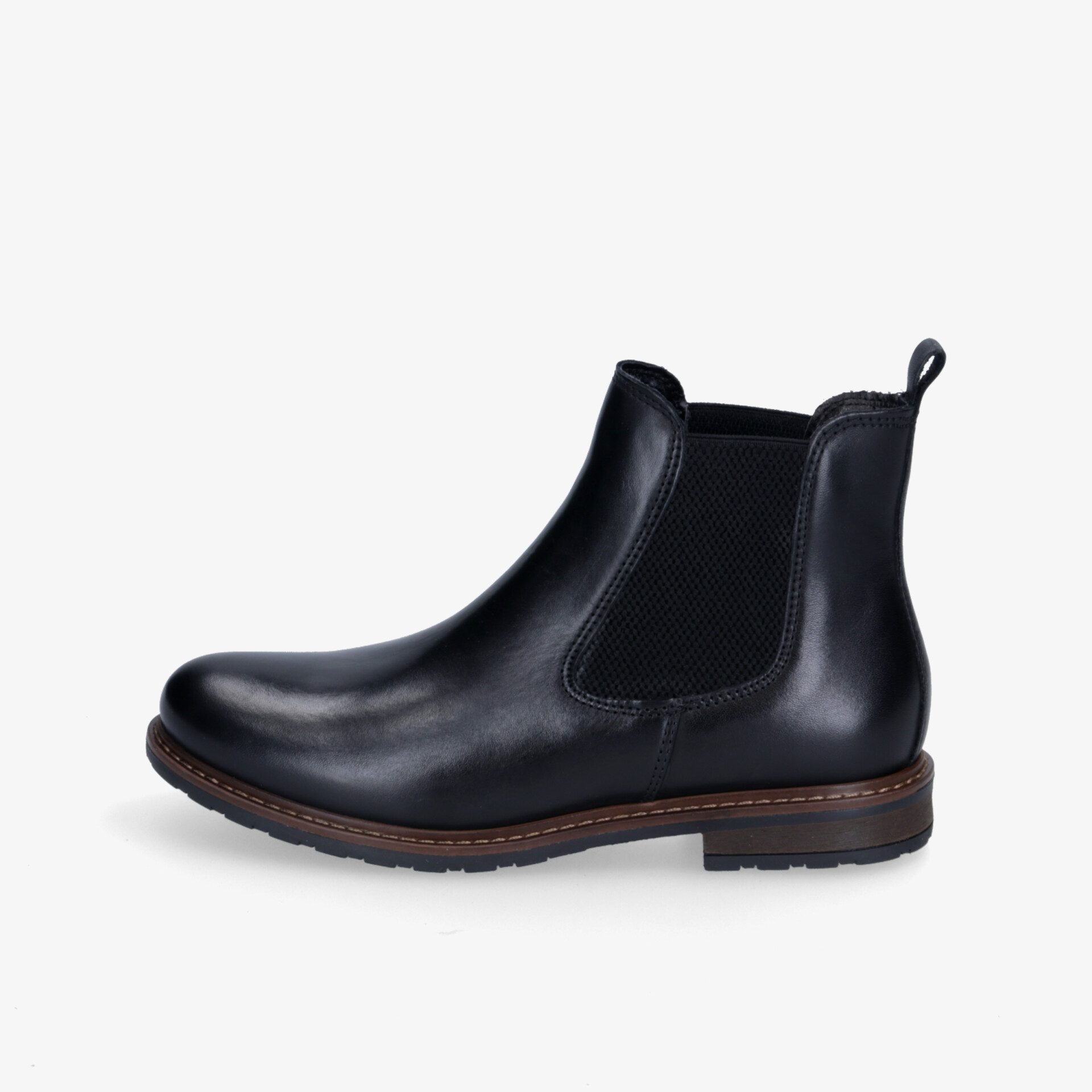 Eleganter schwarzer Chelsea Boot aus Leder mit elastischen Einsätzen und rutschfester Sohle für optimalen Komfort.