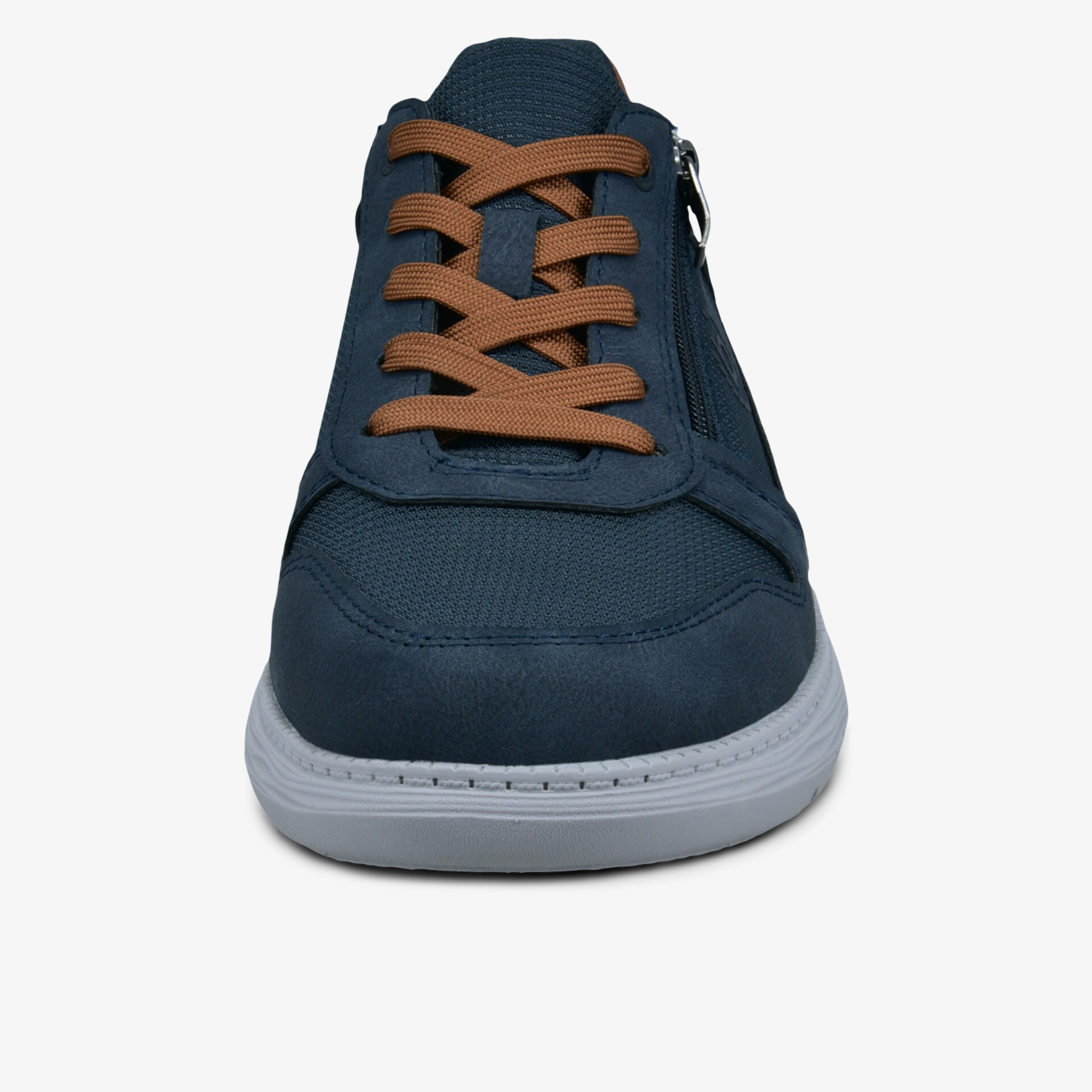 Bequemer dunkelblauer Sneaker mit braunen Schnürsenkeln und weißer Laufsohle in klarer Frontansicht