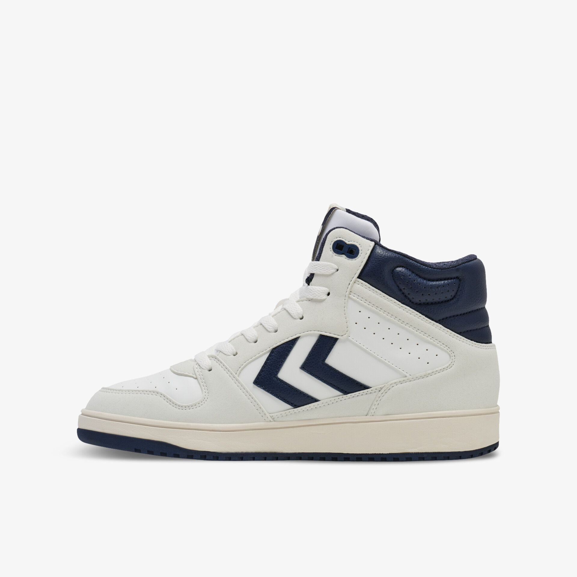 Stylischer Sneaker mit hohem Schaft, blau-weißer Kontrast, modernem Design und bequemem Tragekomfort seitlich