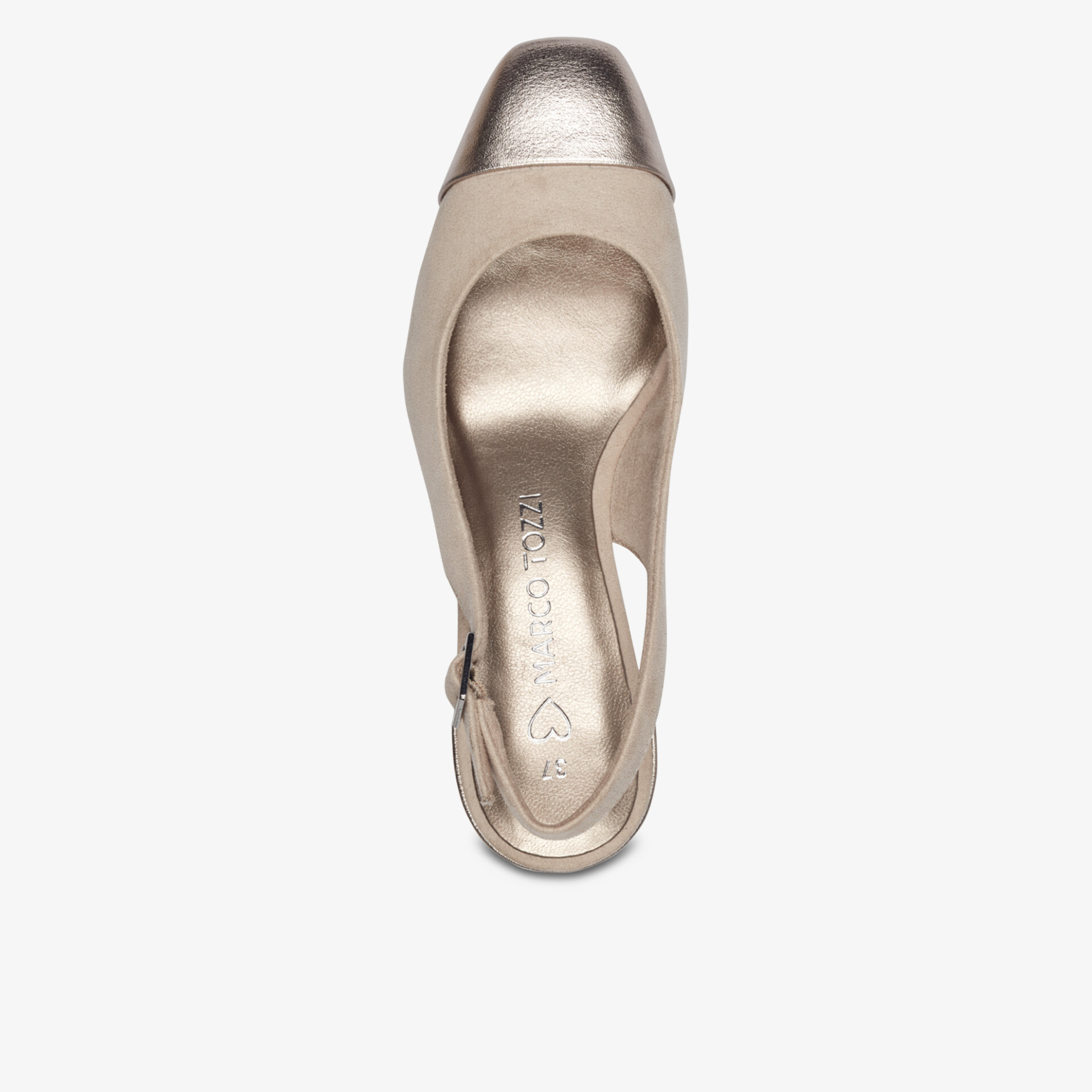 Draufsicht auf bequemen Schuh mit verstellbarem Riemen und metallisch glänzender Spitze