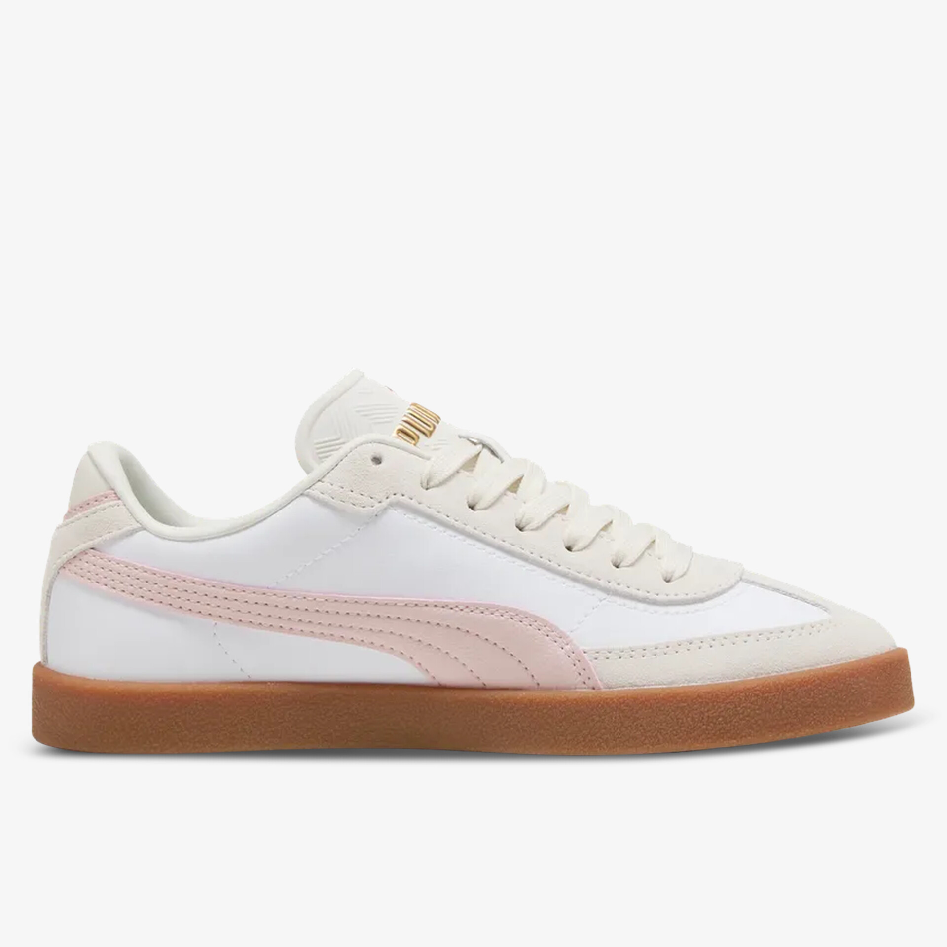 Seitliche Ansicht eines weißen, klassischen Sneakers mit dezentem rosa Puma-Logo und brauner Sohle, sportlich und bequem