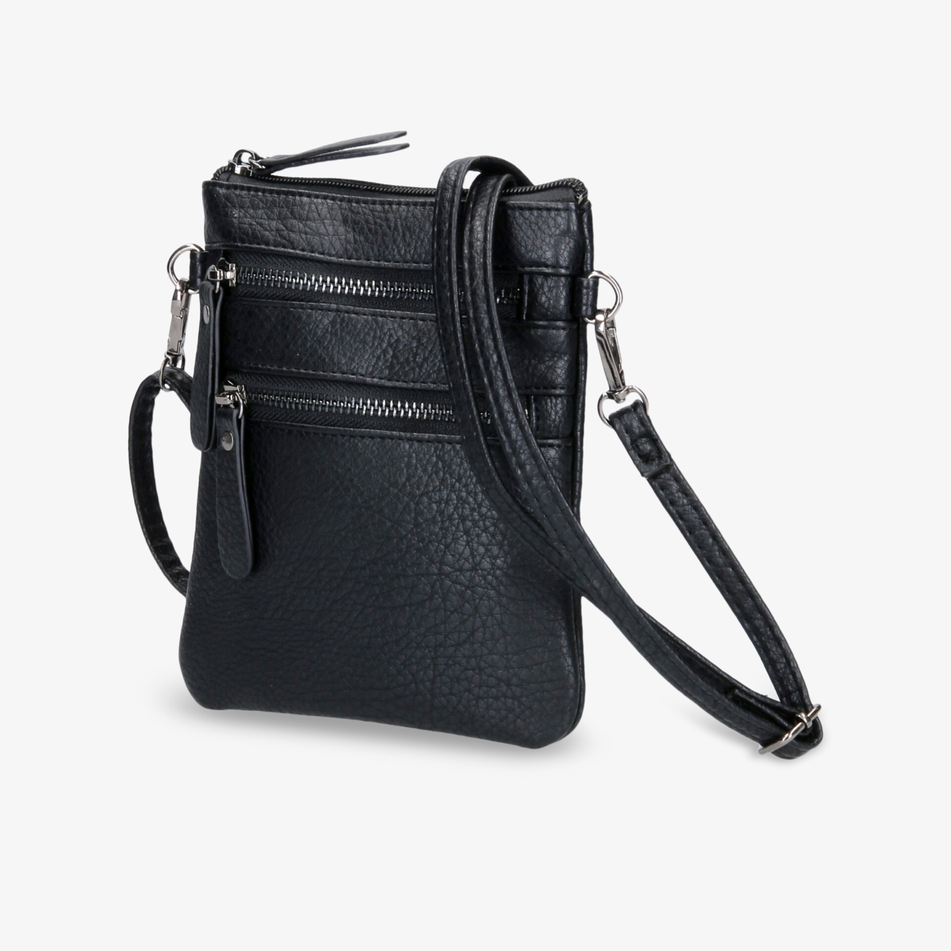 Kompakte schwarze Tasche mit mehreren Reißverschlusstaschen und verstellbarem Riemen, perfekt für den Alltag.