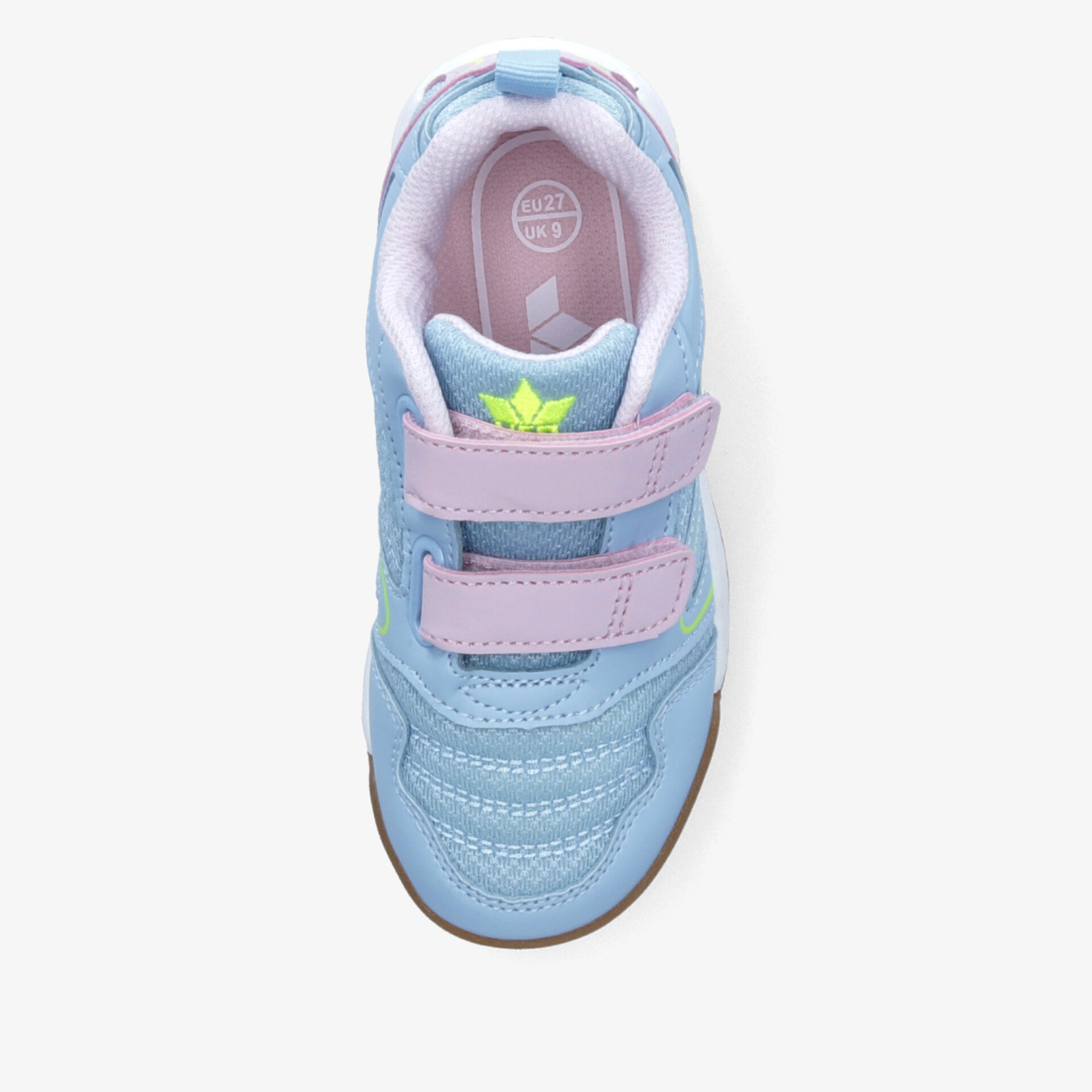 Blauer Sportschuh mit hellviolettem Klettverschluss, atmungsaktiv und bequem, robuster und flexibler Schuh von oben
