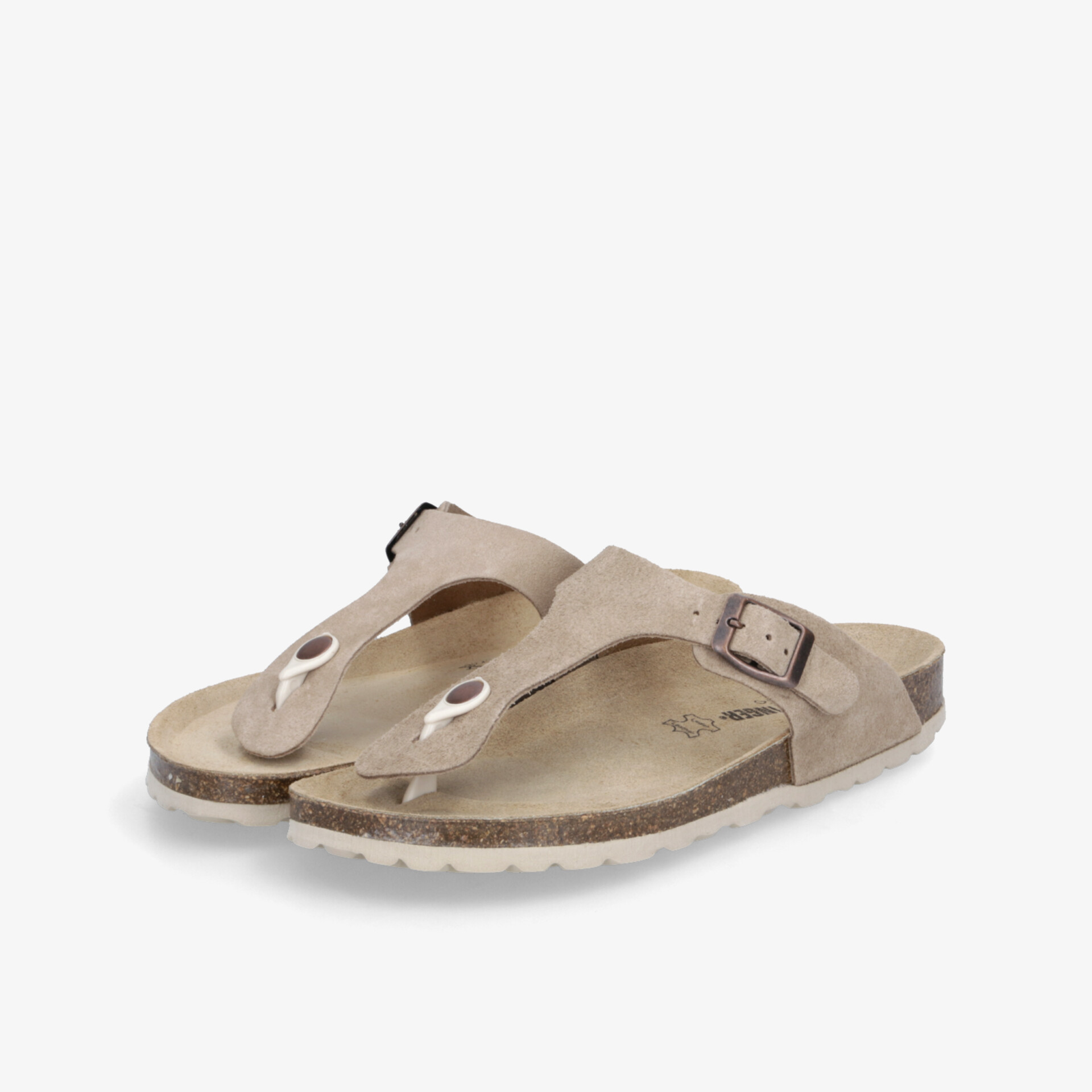 Beige Sandalen mit verstellbarem Riemen und komfortablem, ergonomischem Fußbett als Paar liegend