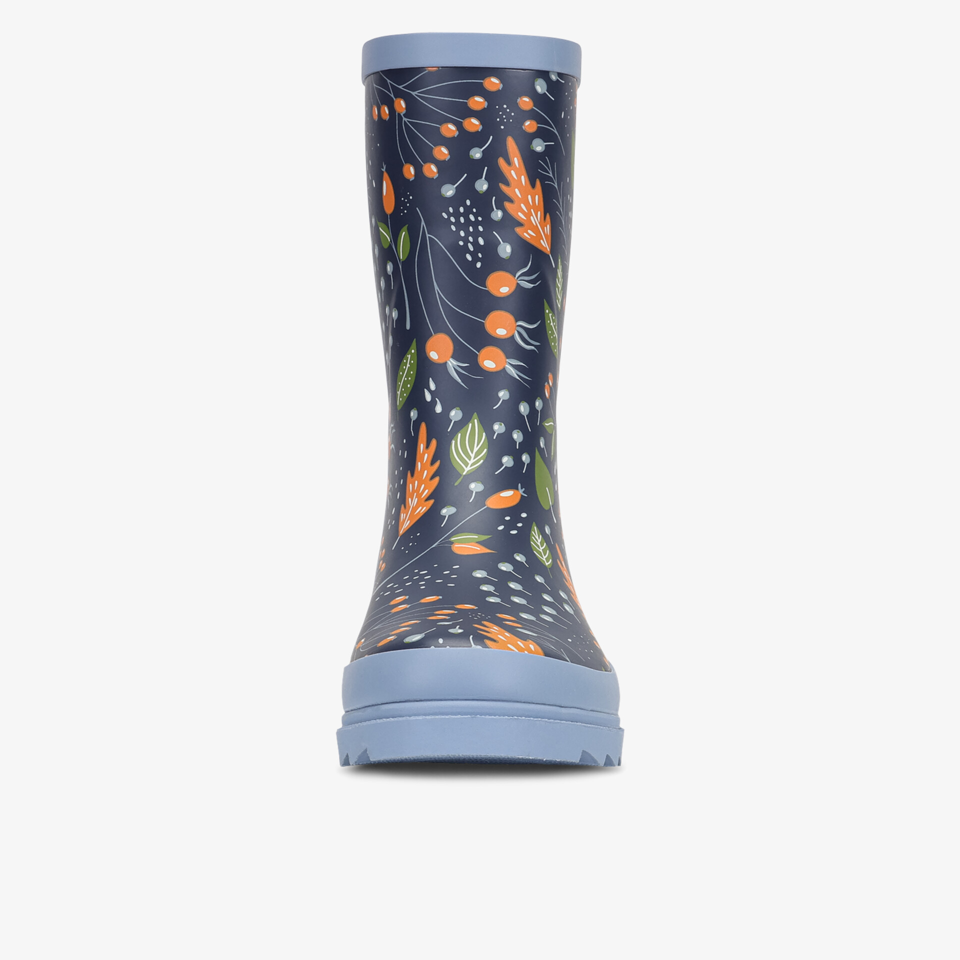 Wasserdichter Gummistiefel in navy blau mit buntem Blumenmuster, rutschfeste Sohle und bequemer Passform