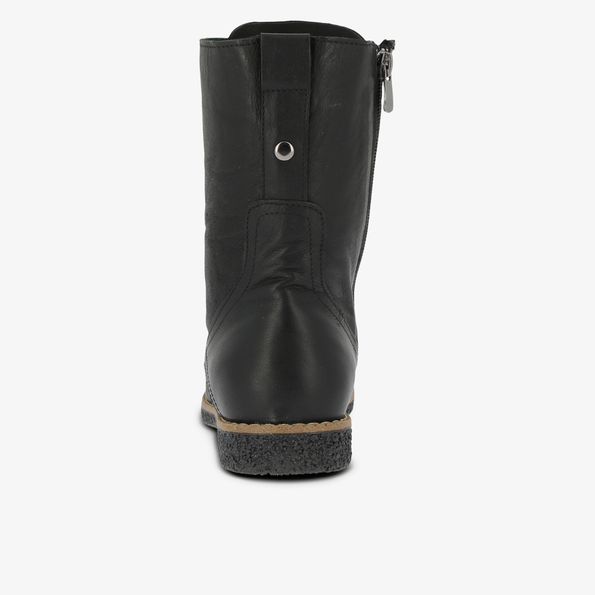 Schwarzer Lederstiefel mit Reißverschluss und robustem Absatz, Rückansicht, hochwertiges Material