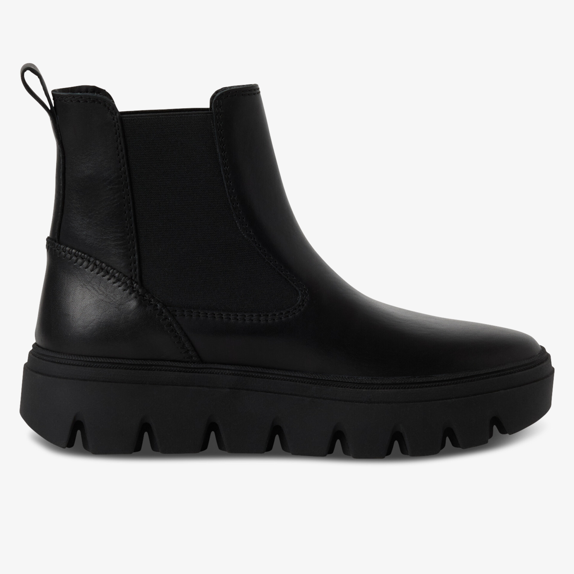 Schwarzer Chelsea Boot mit elastischen Seiteneinsätzen und robuster Gummisohle, modernes und schlichtes Design
