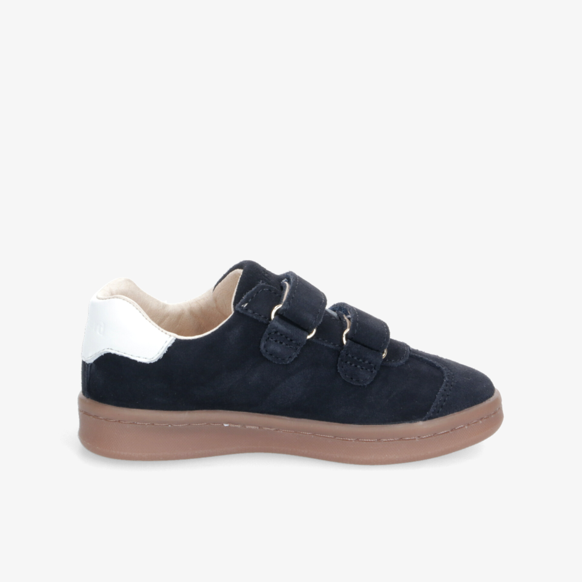 Schwarzer Sneaker mit zwei Klettverschlüssen und brauner Gummisohle, seitliche Ansicht, sportlicher Komfortschuh