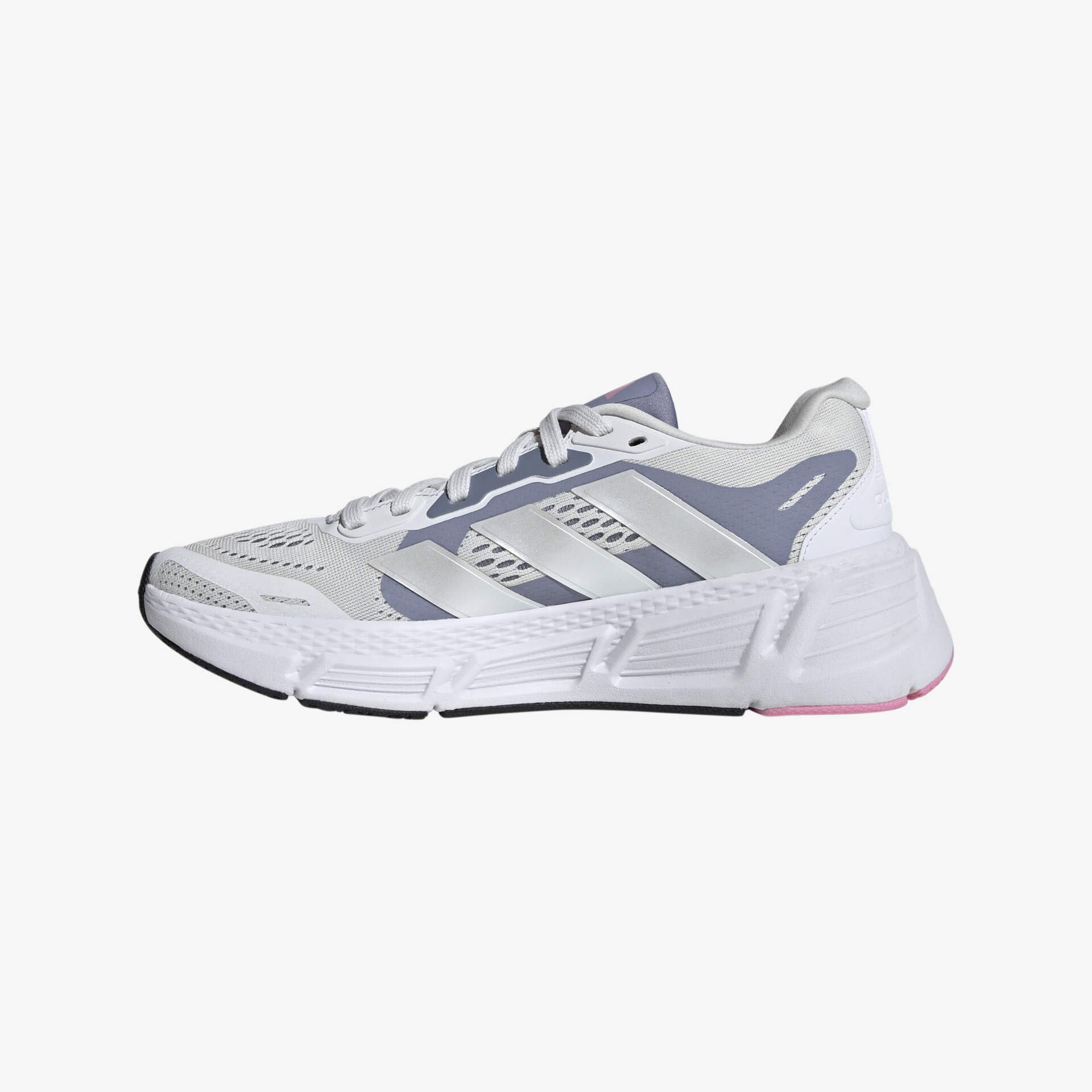 Leichter, atmungsaktiver Sportschuh in Weiß mit grauen Akzenten und seitlichem Profil für optimalen Laufkomfort.