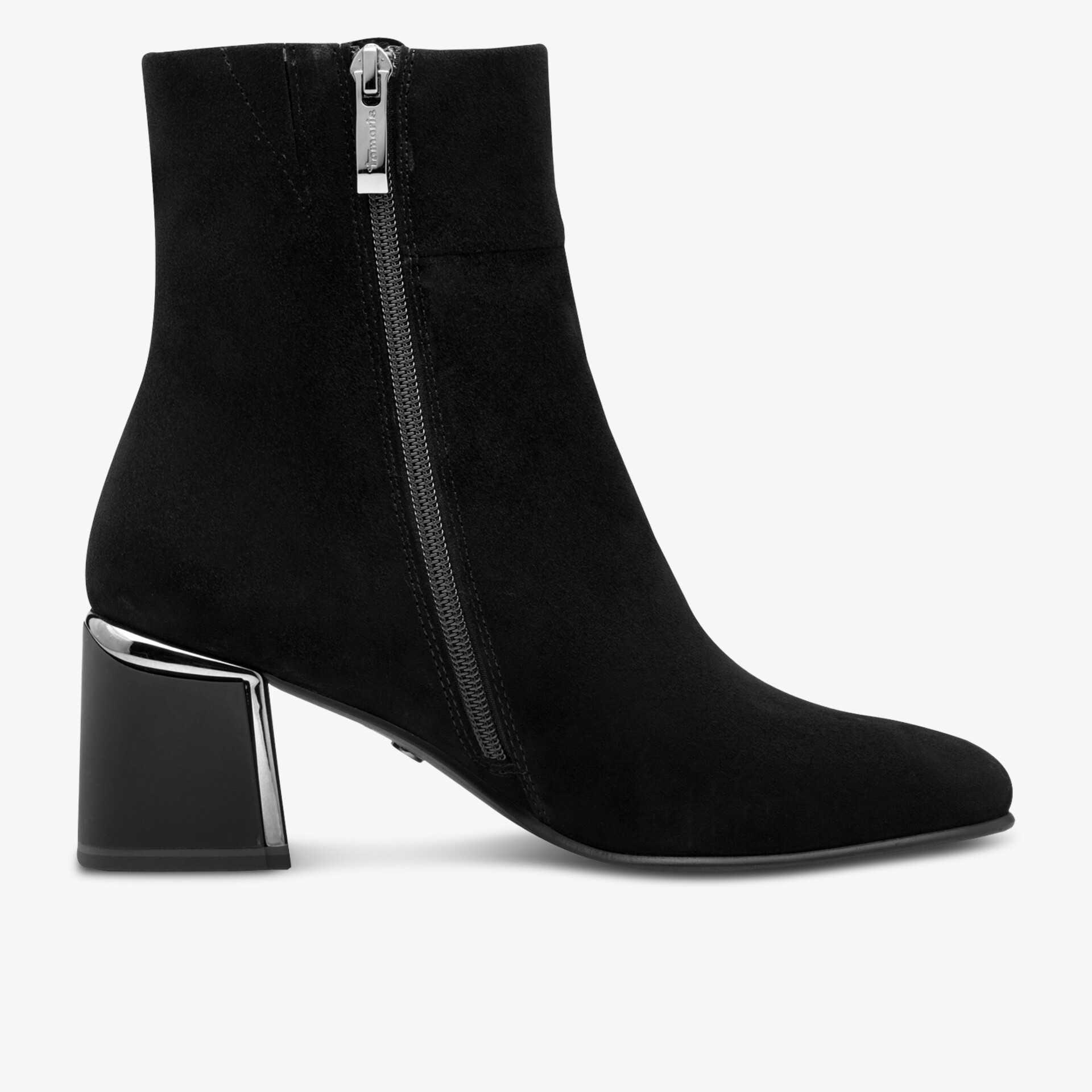 Schwarze Stiefelette mit seitlichem Reißverschluss und komfortablem Blockabsatz, elegante Seitenansicht
