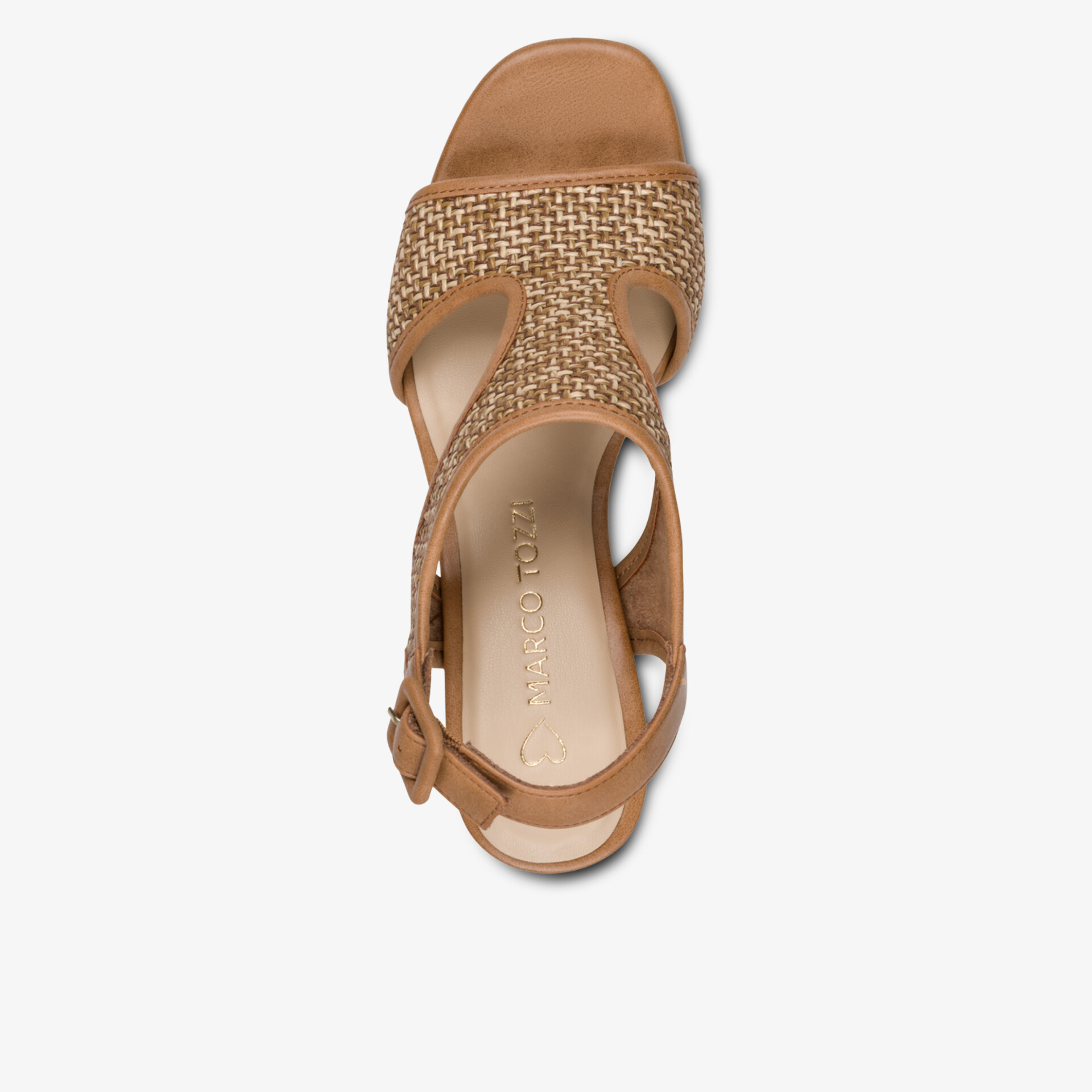 Obere Ansicht einer eleganten braunen Sandale mit feinen Riemchen und bequemer Sohle