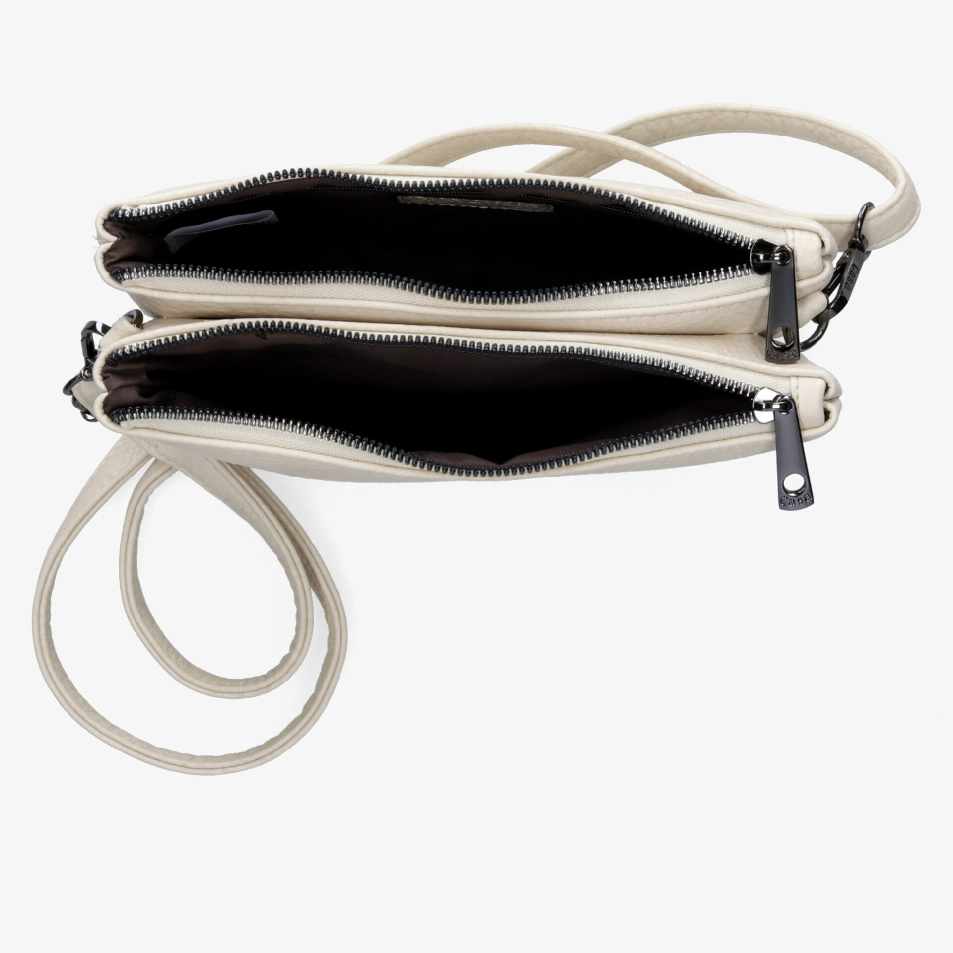 Schwarze schlanke Tasche mit zwei getrennten Reißverschlussfächern und verstellbarem Tragegurt, perfekte Organisation