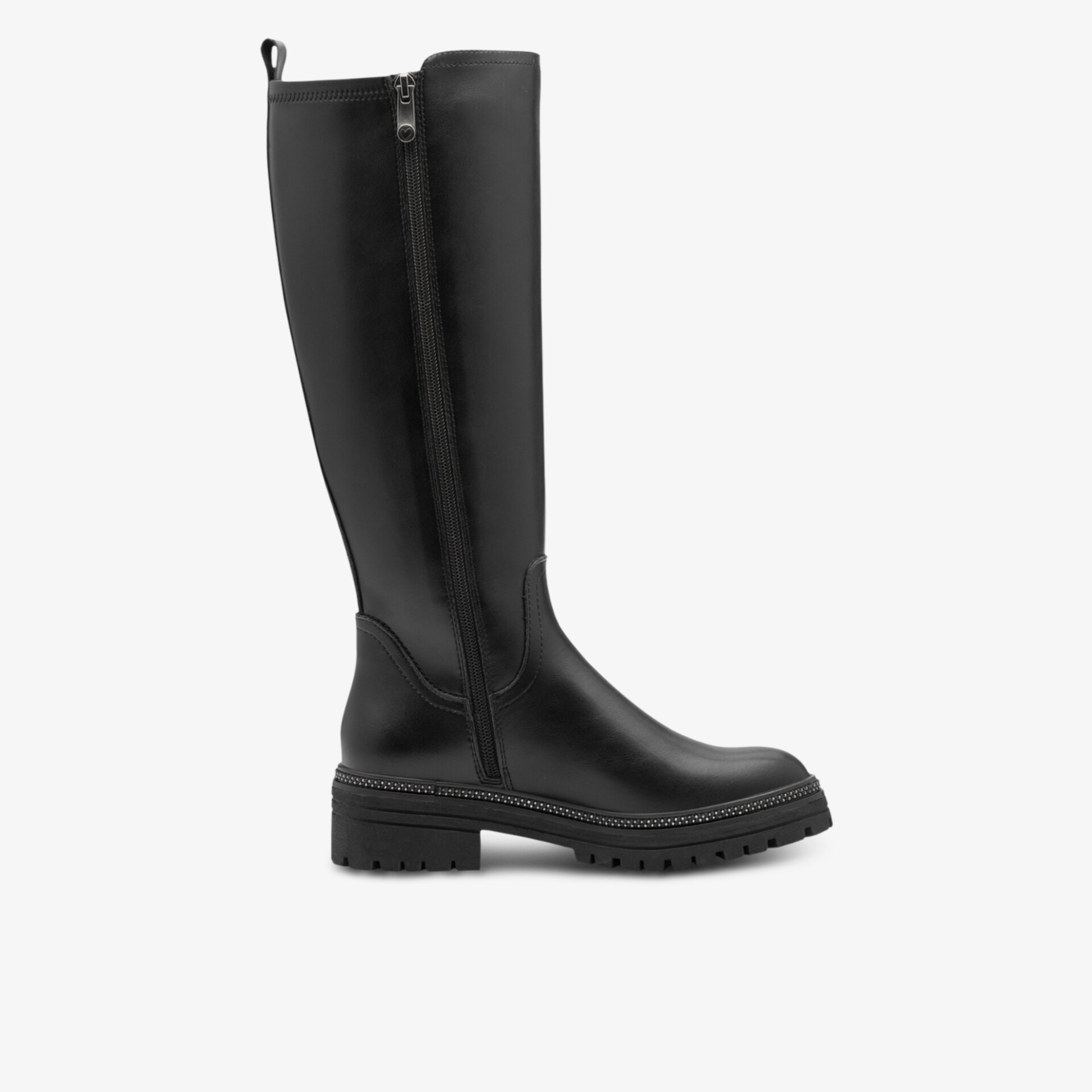 Knielanger schwarzer Reitstiefel aus Glattleder mit robustem Reißverschluss und profilierter Gummisohle